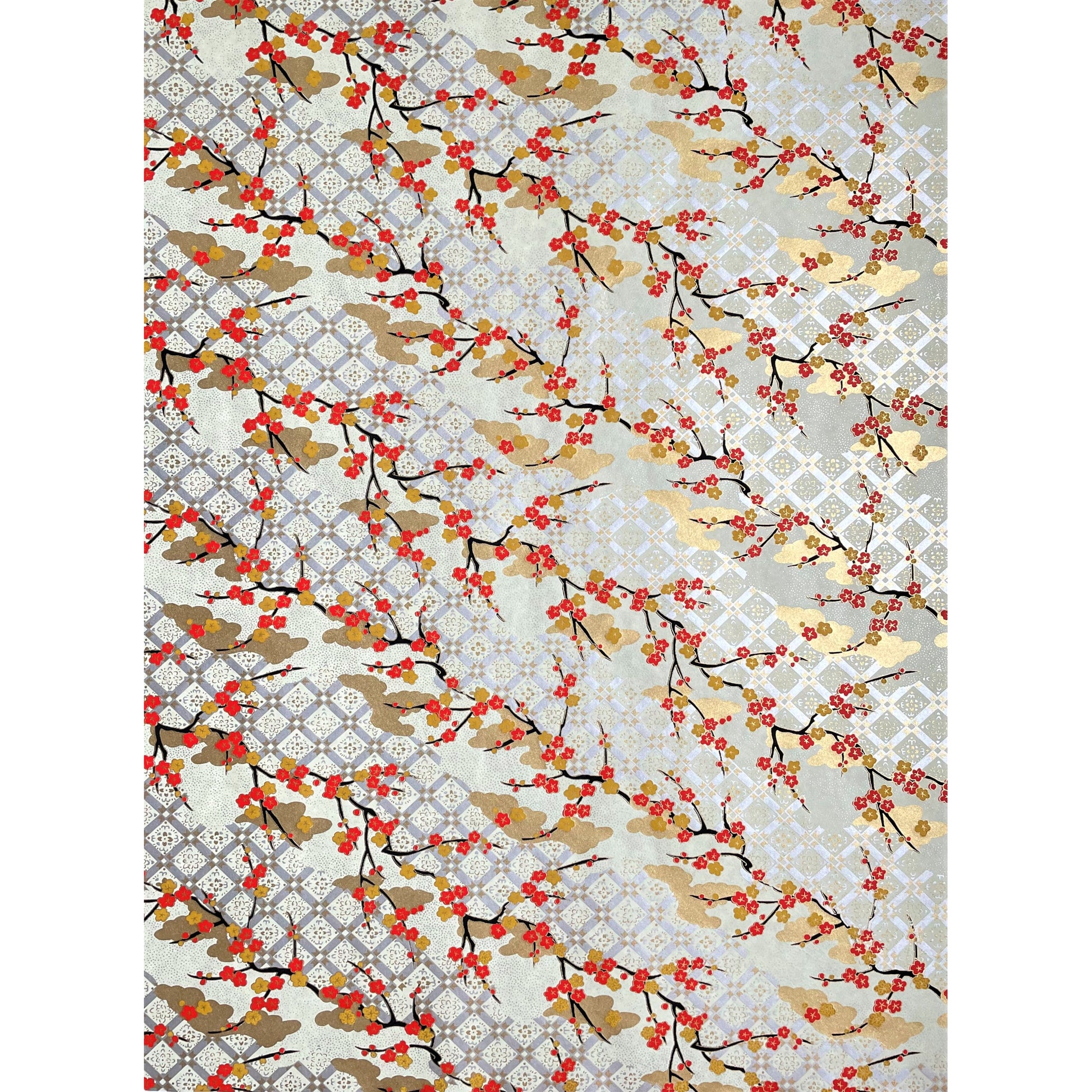 japanese silk-screen handmade paper showing branches of red cherry blossom and gold clouds on a backdrop of silver, cream and gold, full sheet view