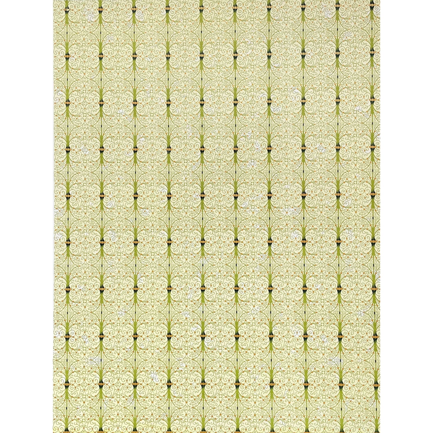 japanese silk-screen handmade paper showing green filigree pattern with gold accents, full sheet view