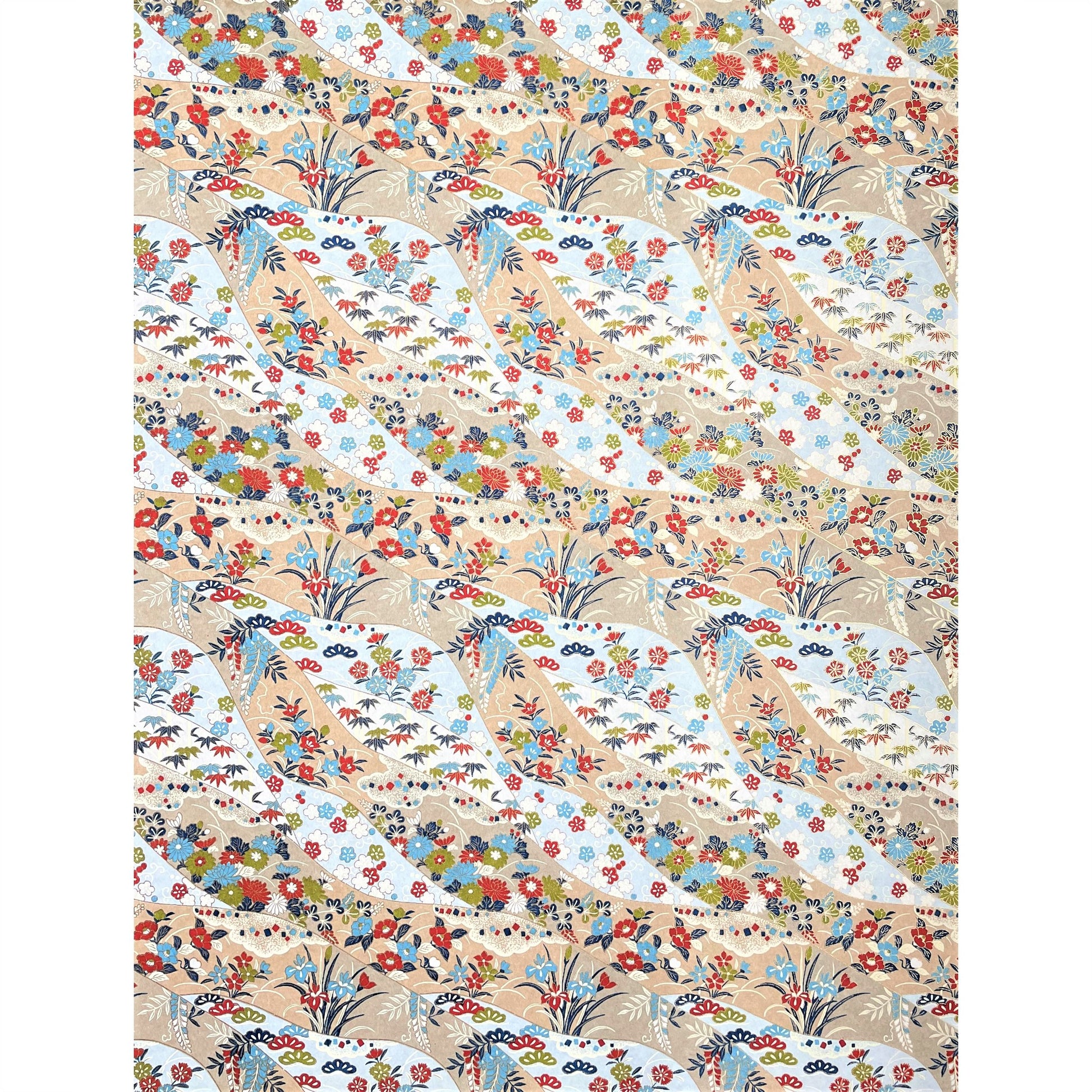 japanese silk-screen handmade paper showing taupe and pale blue waves pattern with multicolour flowers and foliage, with gold accents, full sheet view