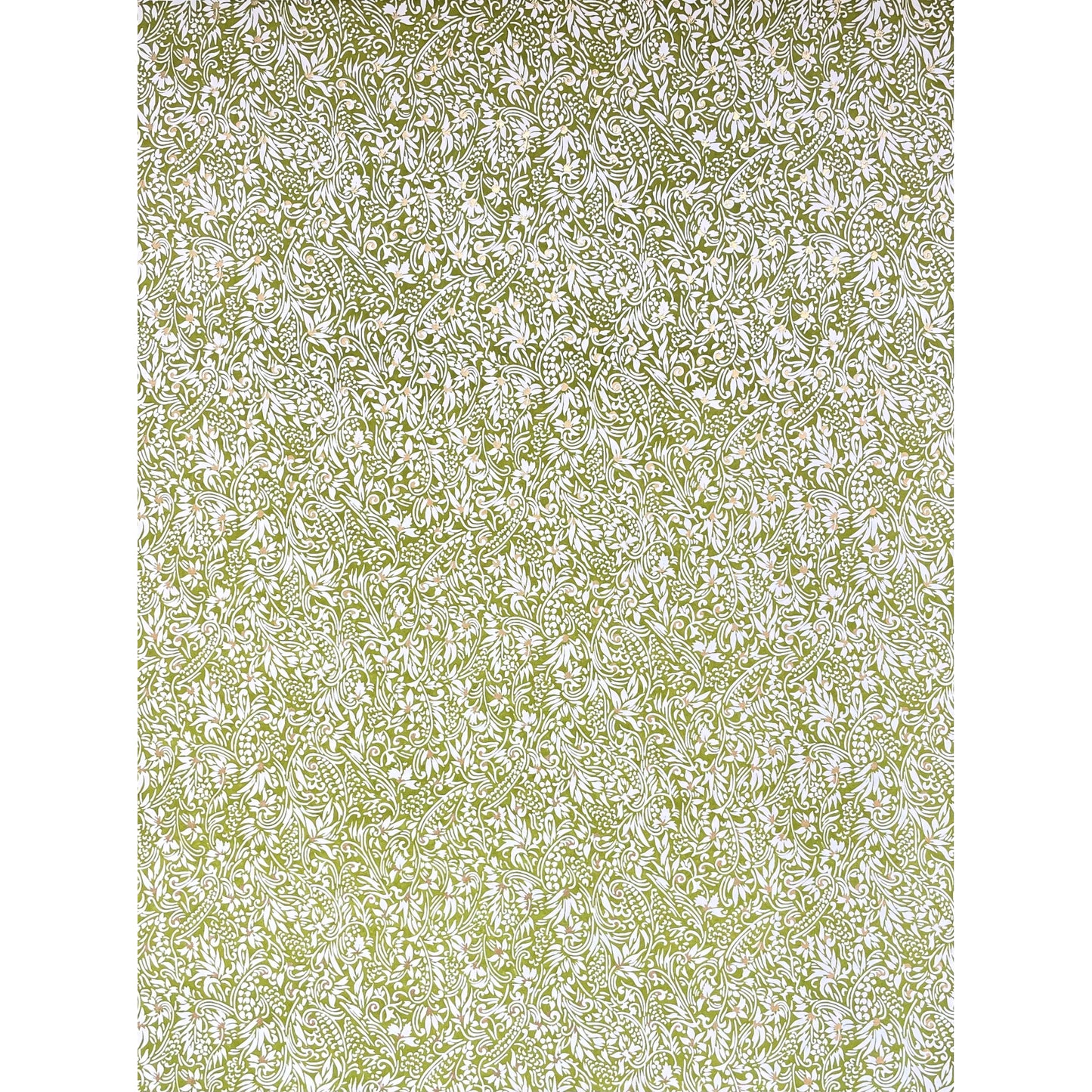 japanese silk-screen handmade paper showing green and white botanical repeat pattern with gold highlights, full sheet view