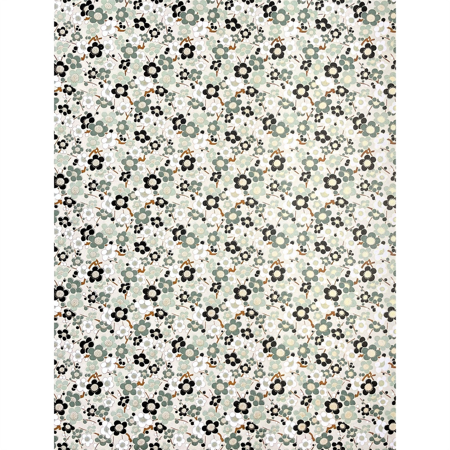 japanese silk-screen handmade paper showing soft green plum flower repeat pattern with gold highlights, full sheet view