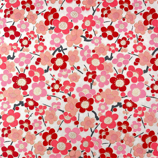 japanese silk-screen handmade paper showing pink and red plum flower repeat pattern with gold highlights
