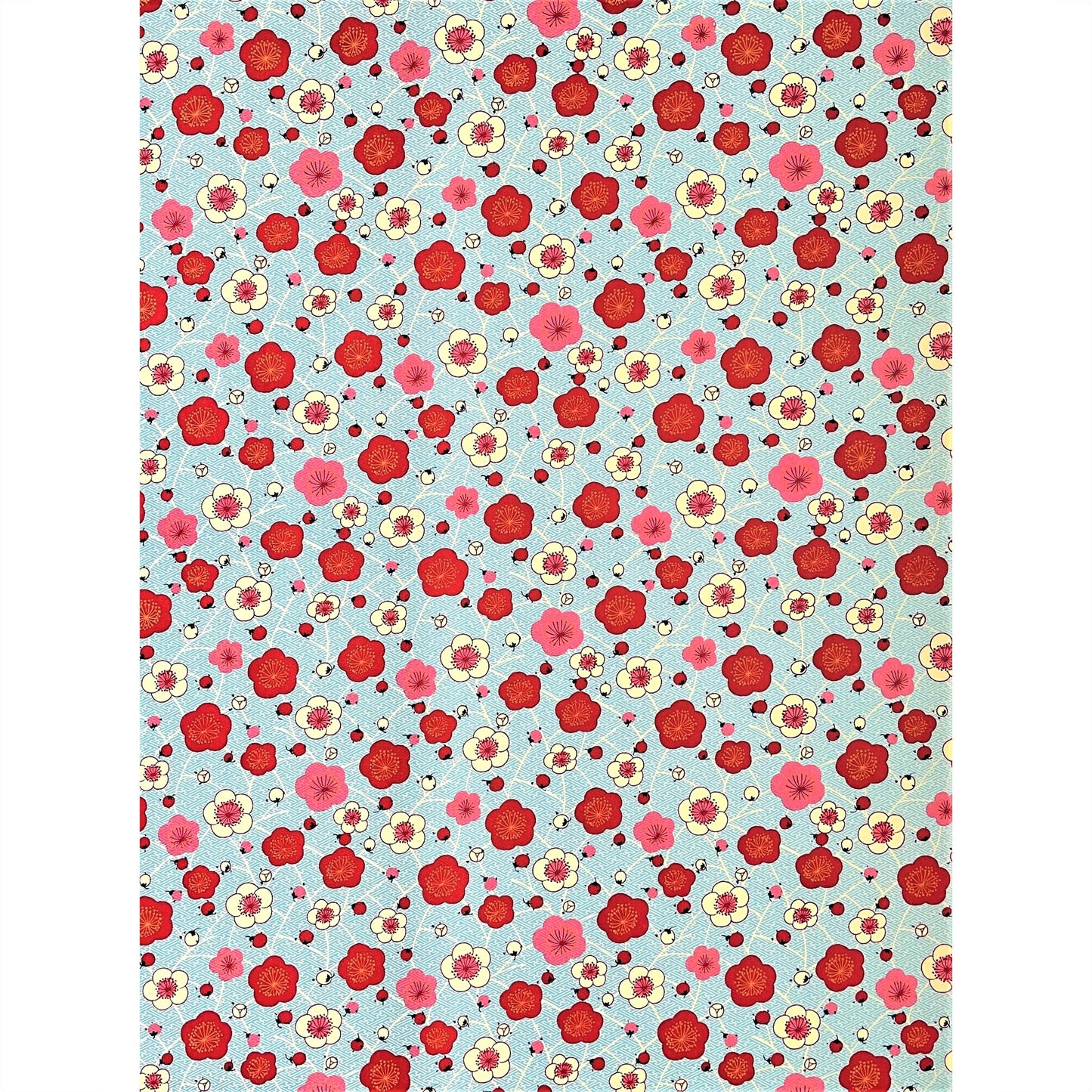 japanese silk-screen handmade paper showing red and pink plum flowers on a blue geometric backdrop, full sheet view