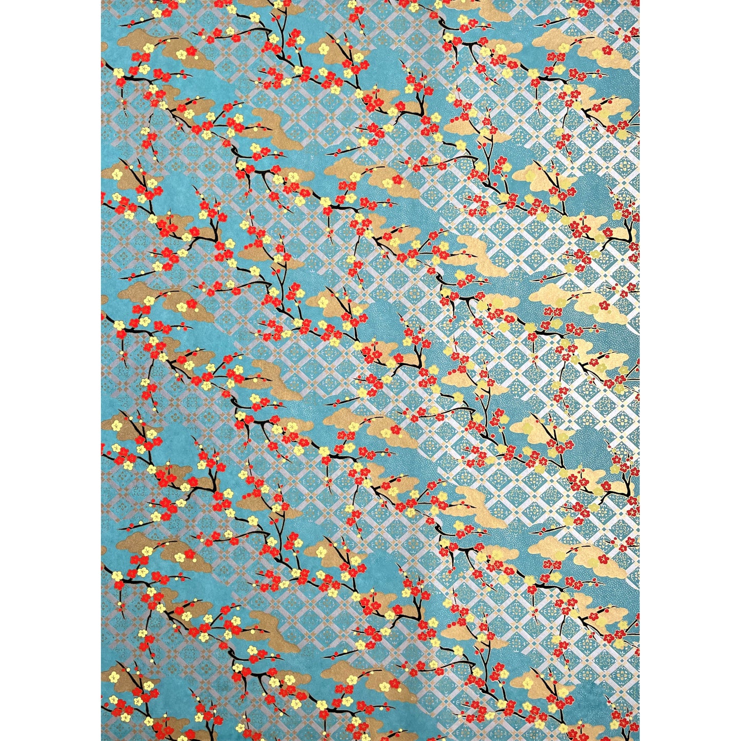 japanese silk-screen handmade paper showing branches of red blossom, gold clouds on a teal, gold and silver geometric backdrop, full sheet view
