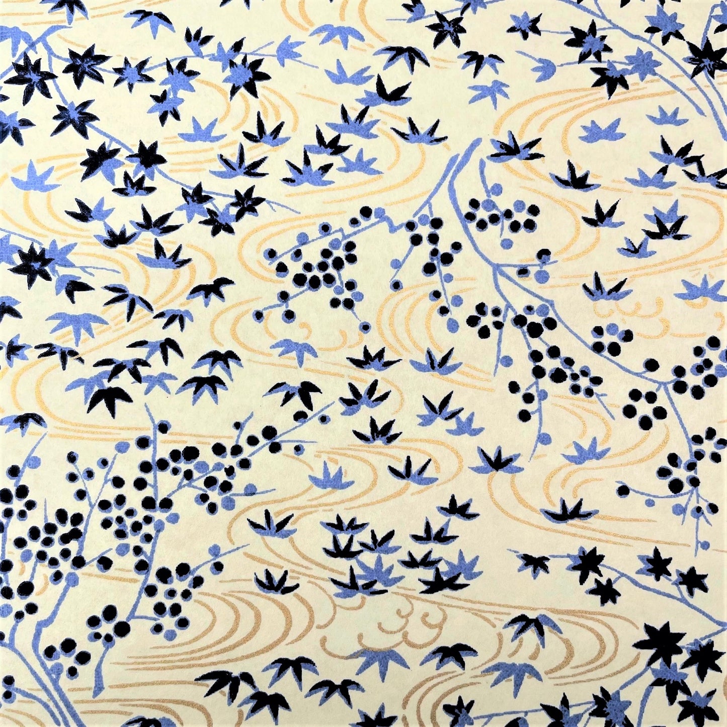 japanese silk-screen handmade paper showing gold rivers and blue falling leaves and foliage