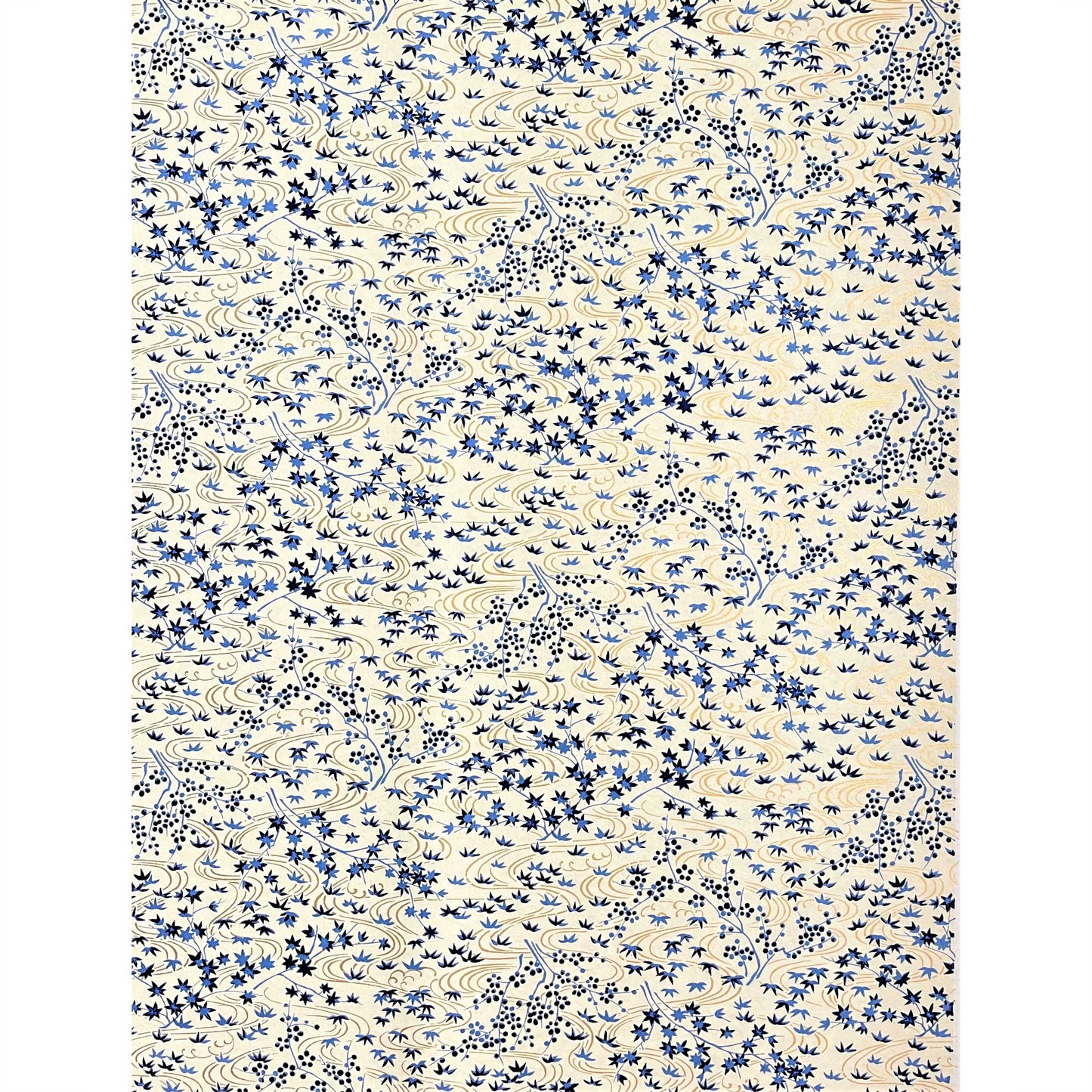 japanese silk-screen handmade paper showing gold rivers and blue falling leaves and foliage, full sheet view