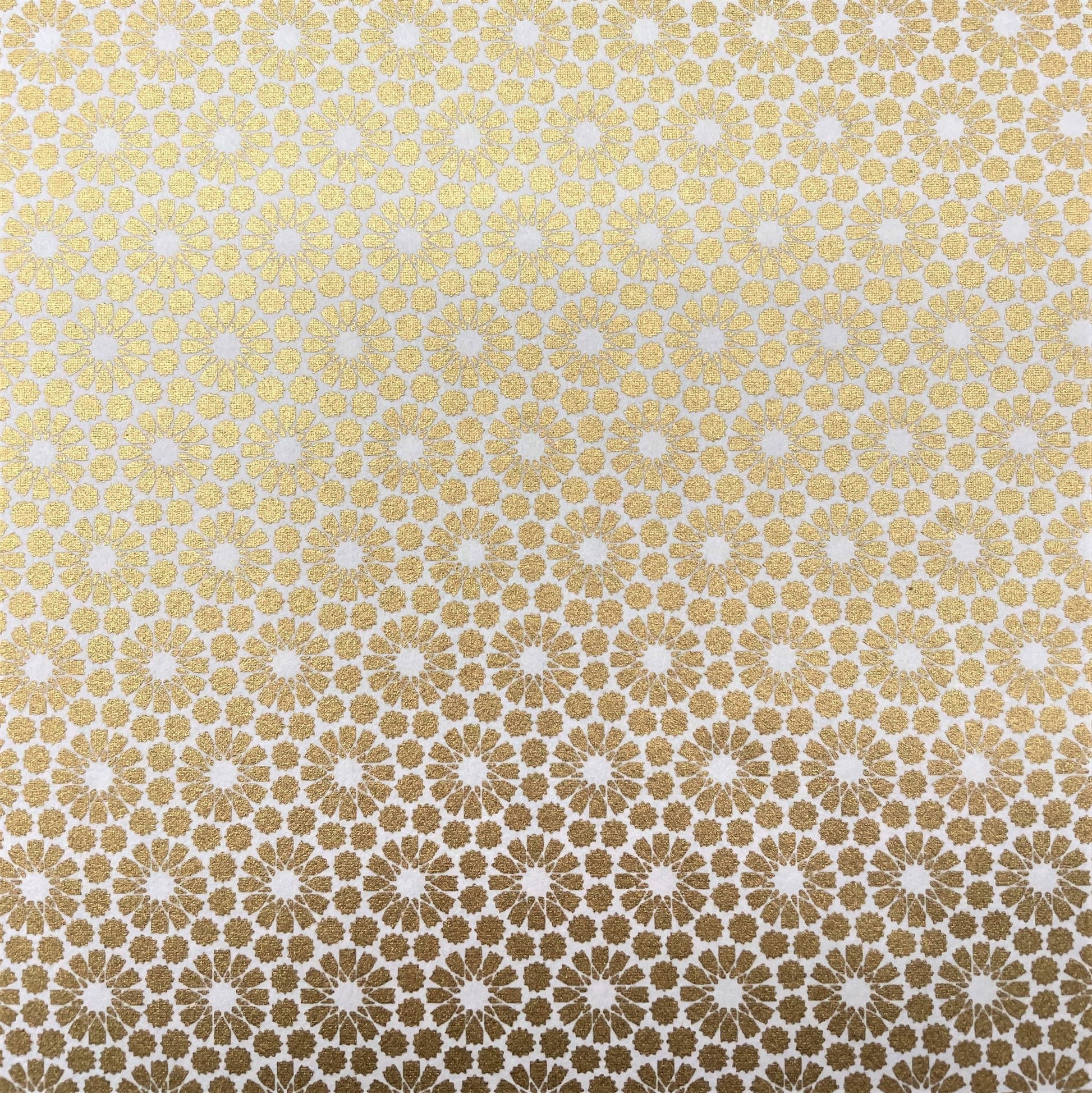 japanese silk-screen handmade paper showing gold repeat chrysanthemum flower motif repeat