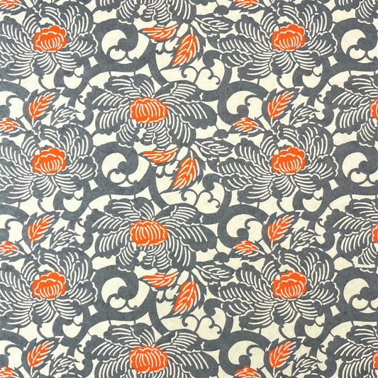 japanese silk-screen handmade paper showing grey and orange peony flower repeat pattern