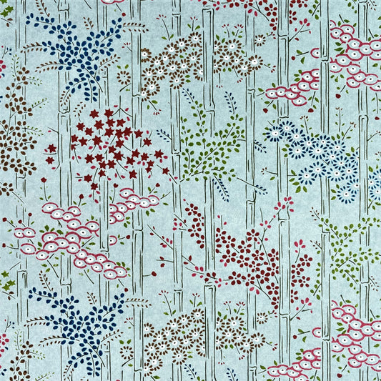 japanese silk-screen handmade paper showing pattern of bamboo, flowers and foliage on light teal backdrop