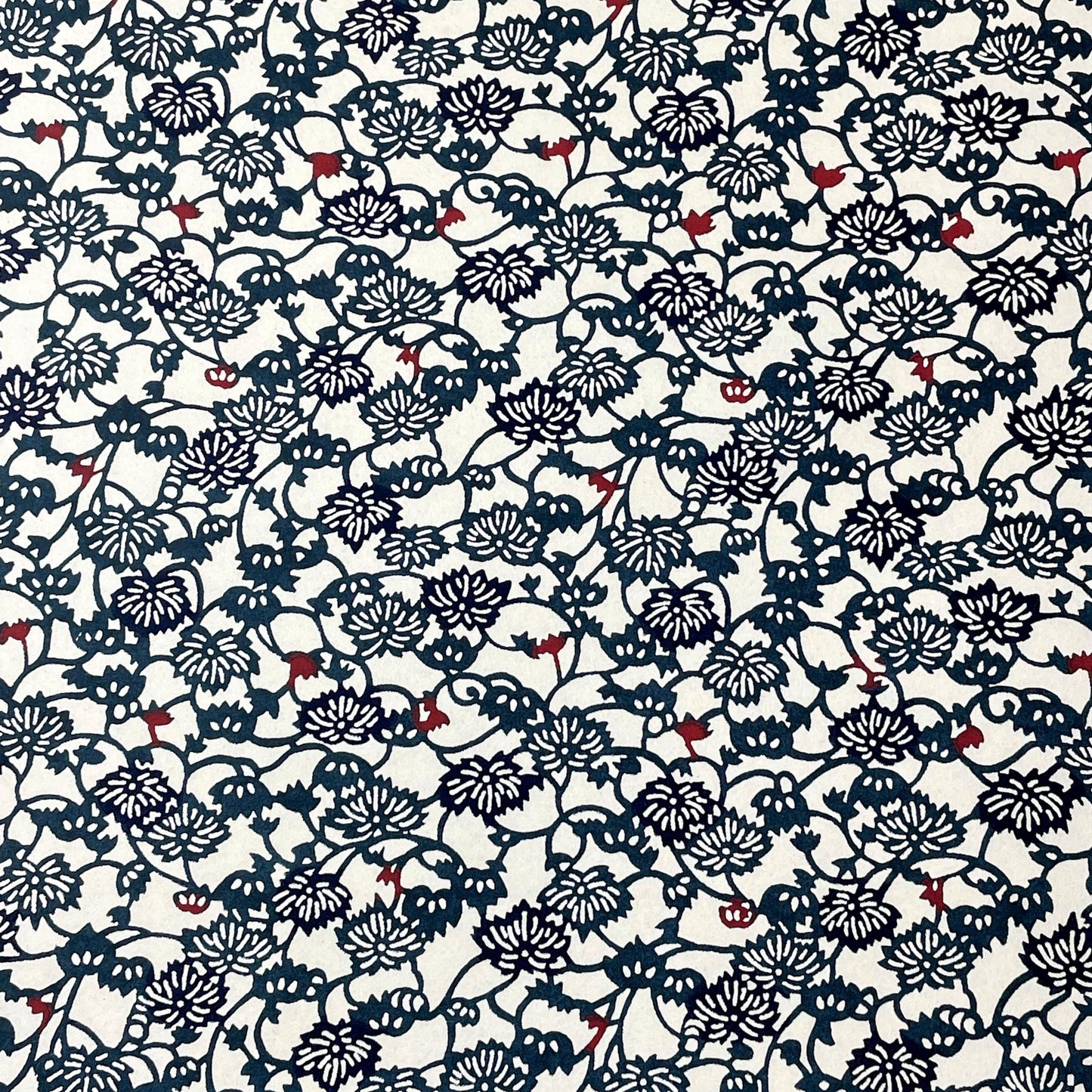 japanese stencil-dyed handmade paper with small scale floral repeat in dark teal and blue