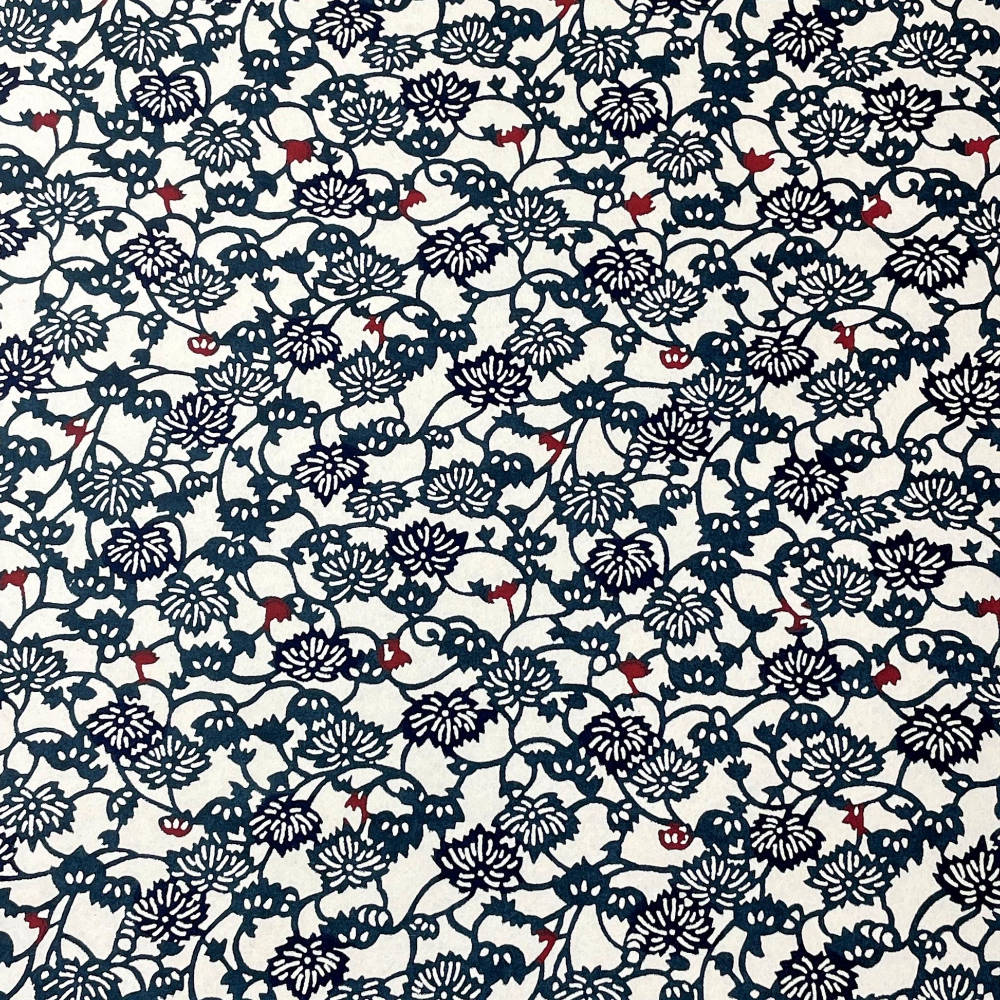 japanese stencil-dyed handmade paper with small scale floral repeat in dark teal and blue