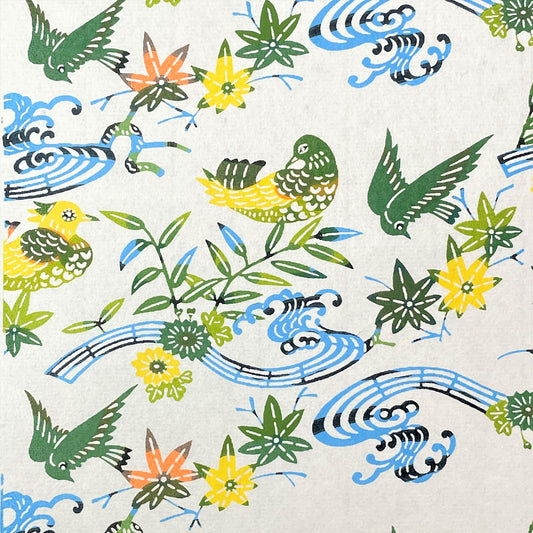 japanese stencil-dyed handmade paper with birds and flowers pattern in green, blue and yellow