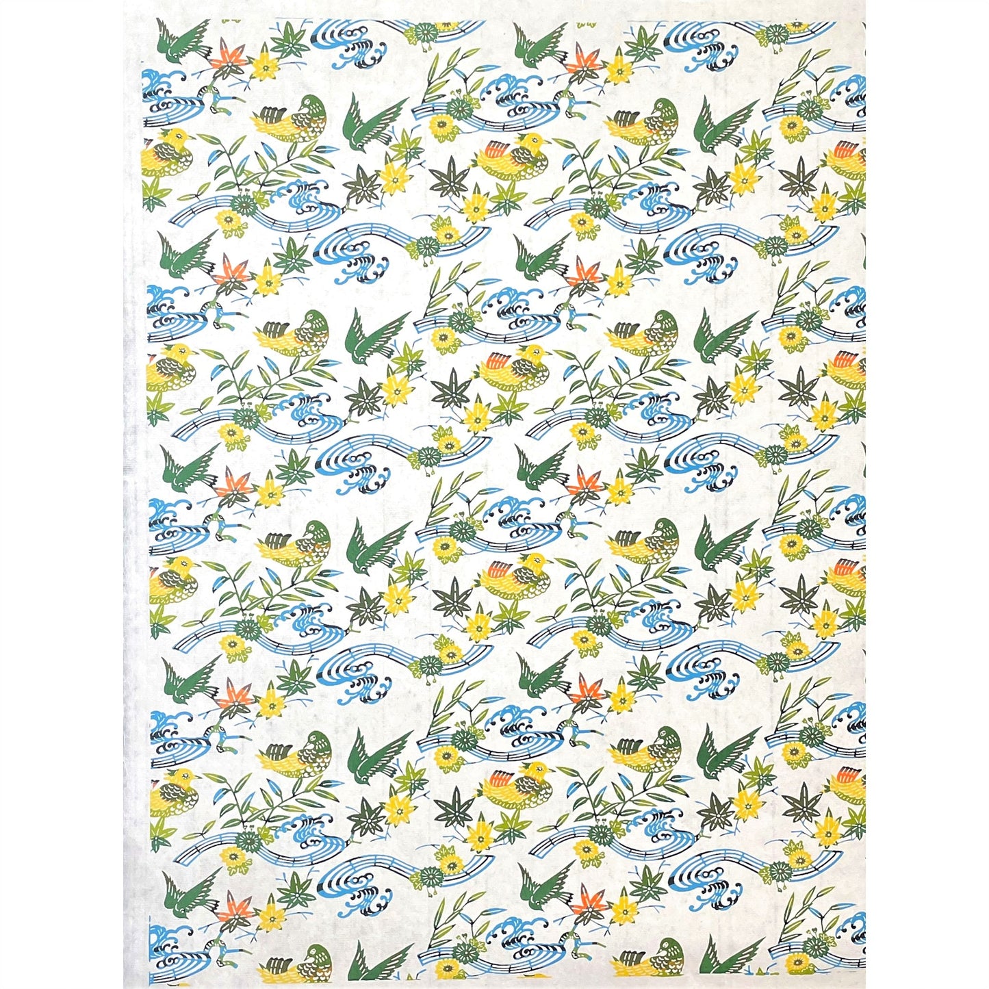 japanese stencil-dyed handmade paper with birds and flowers pattern in green, blue and yellow, full sheet view