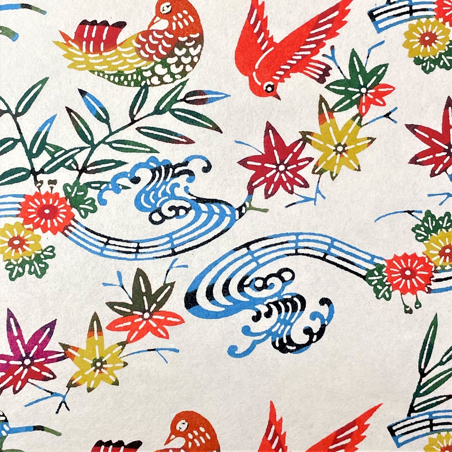 japanese stencil-dyed handmade paper with birds and flowers pattern in red, blue and yellow