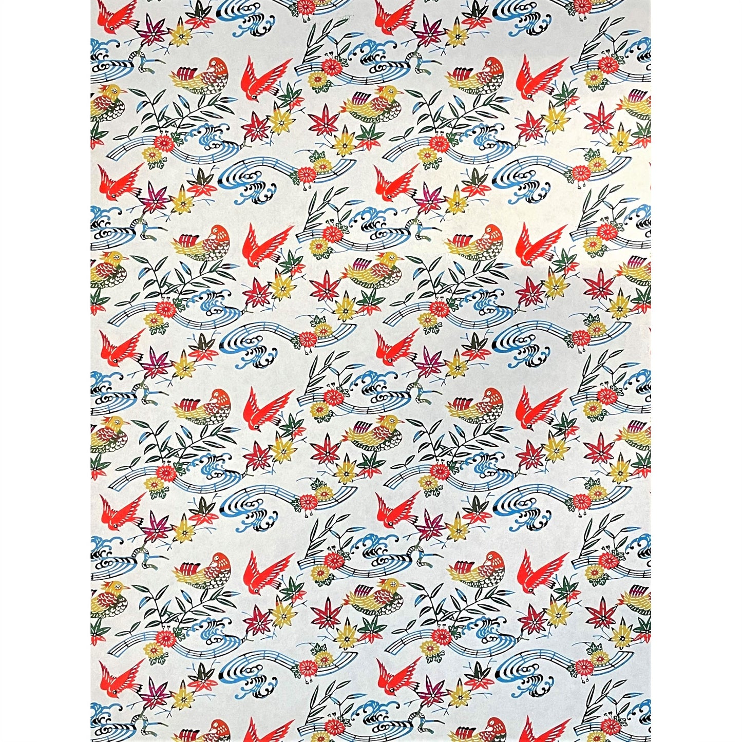 japanese stencil-dyed handmade paper with birds and flowers pattern in red, blue and yellow, full sheet view