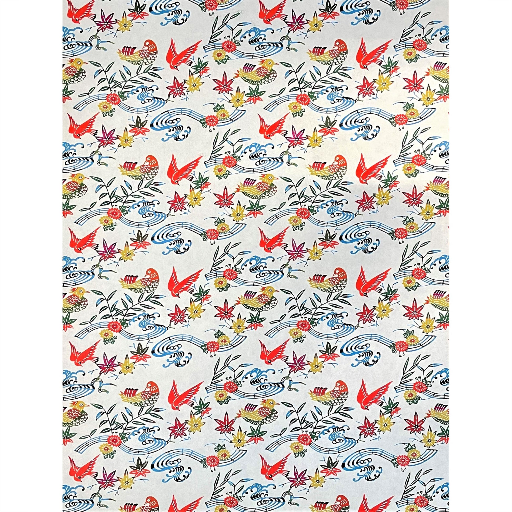 japanese stencil-dyed handmade paper with birds and flowers pattern in red, blue and yellow, full sheet view