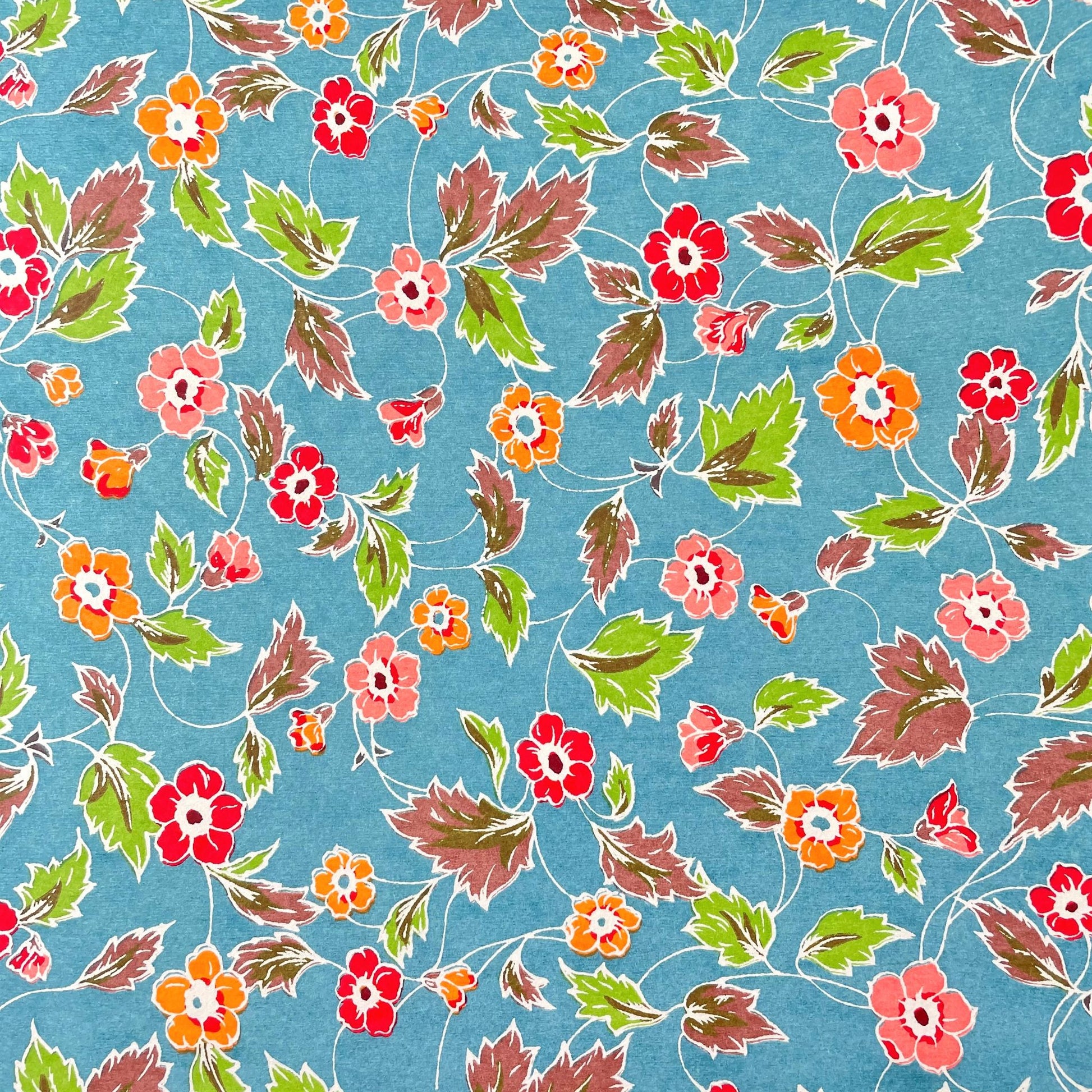 japanese stencil-dyed handmade paper with delicate repeat multi colour floral pattern on blue backdrop