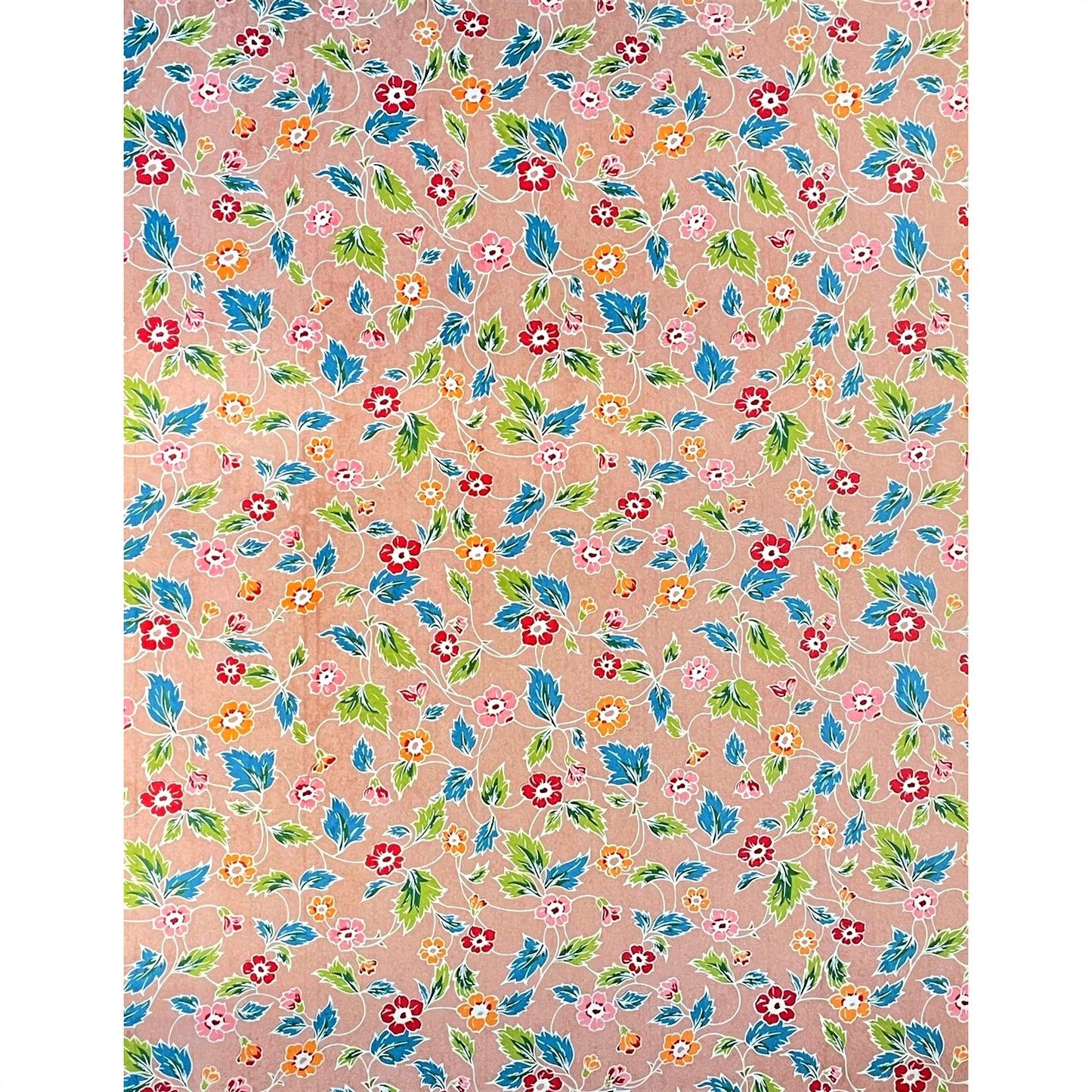 japanese stencil-dyed handmade paper with delicate repeat multi colour floral pattern on blush backdrop, full sheet view