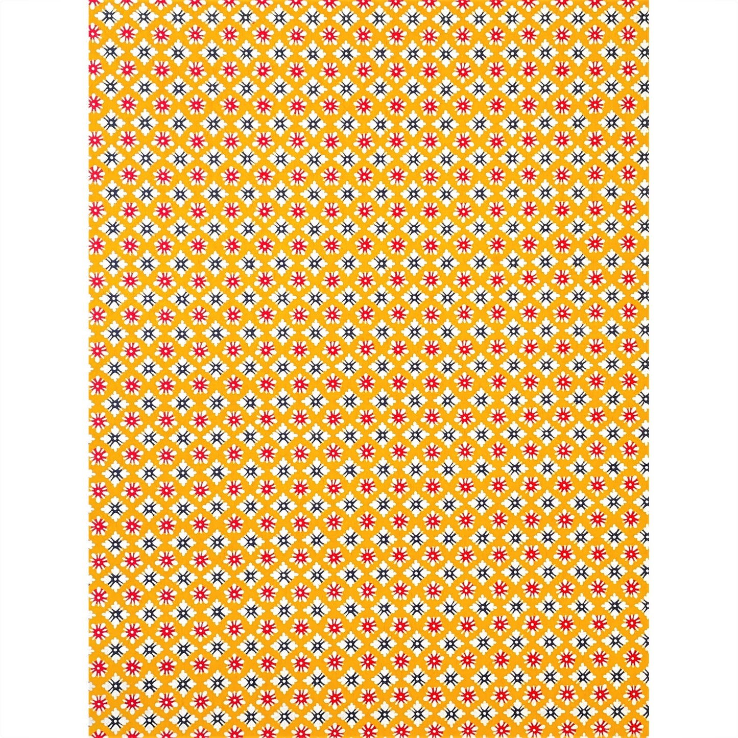 japanese stencil-dyed handmade paper with small scale floral repeat pattern on yellow backdrop, full sheet view