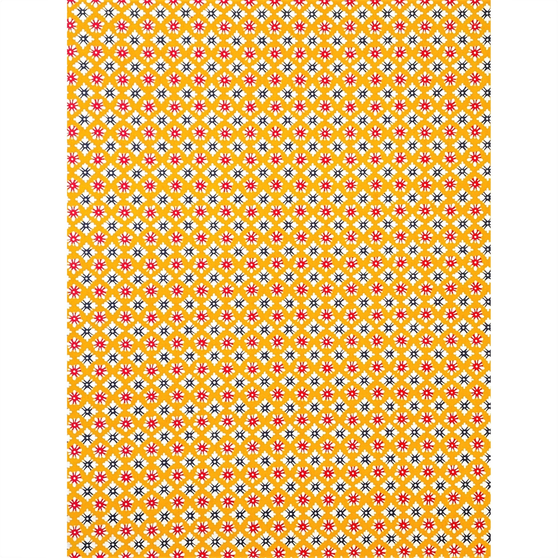 japanese stencil-dyed handmade paper with small scale floral repeat pattern on yellow backdrop, full sheet view