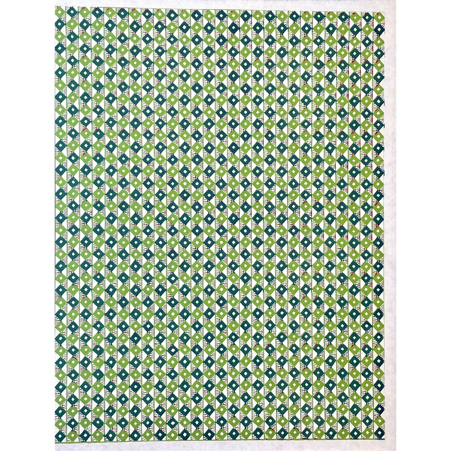 japanese stencil-dyed handmade paper with small scale diamond repeat pattern in two-tone green, full sheet view