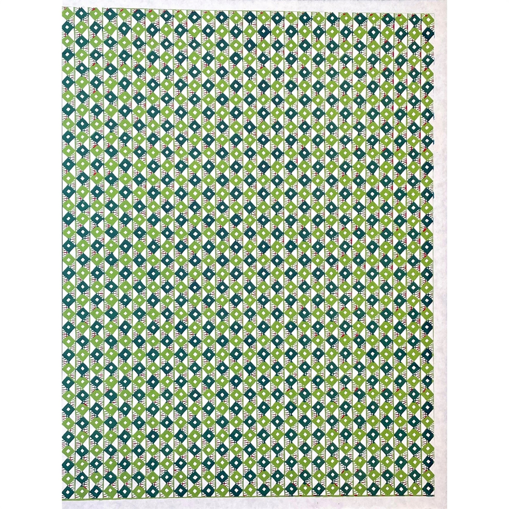 japanese stencil-dyed handmade paper with small scale diamond repeat pattern in two-tone green, full sheet view