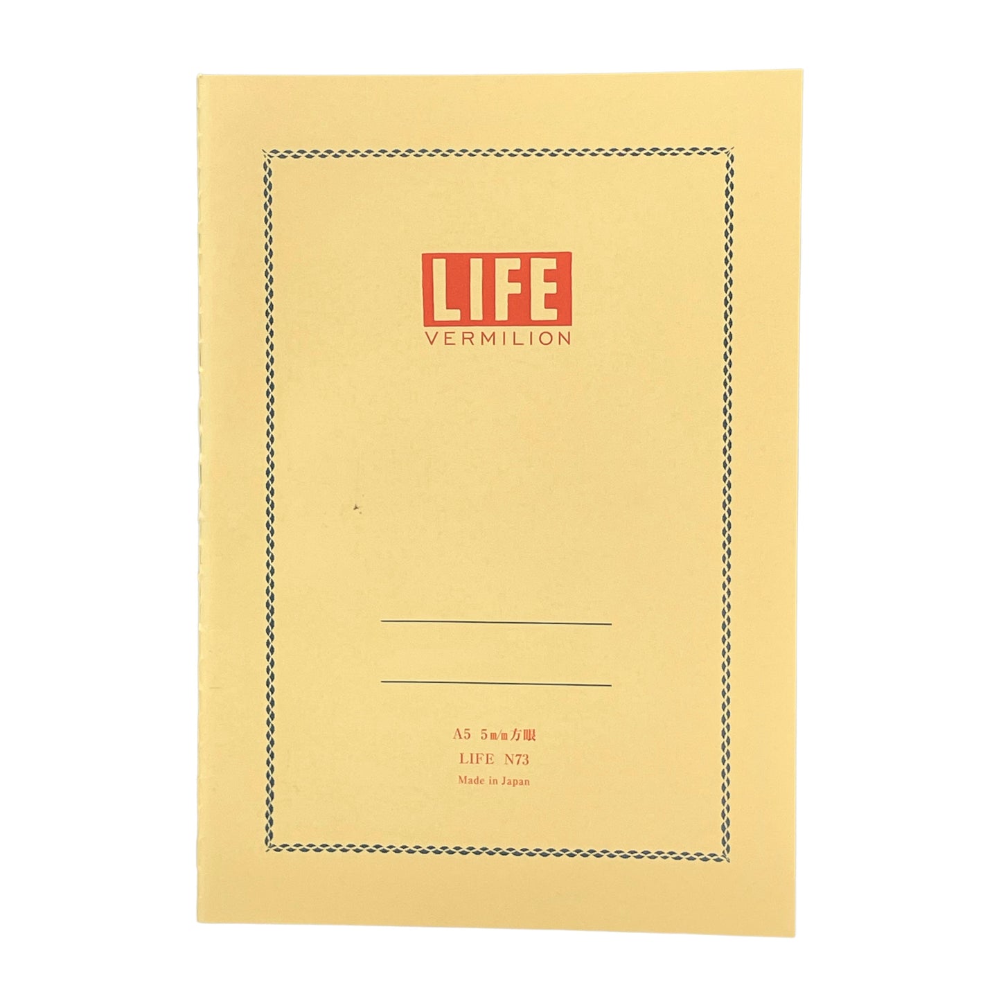A5 softcover notebook with a soft yellow cover with blue border and branding by Japanese brand Life Japan
