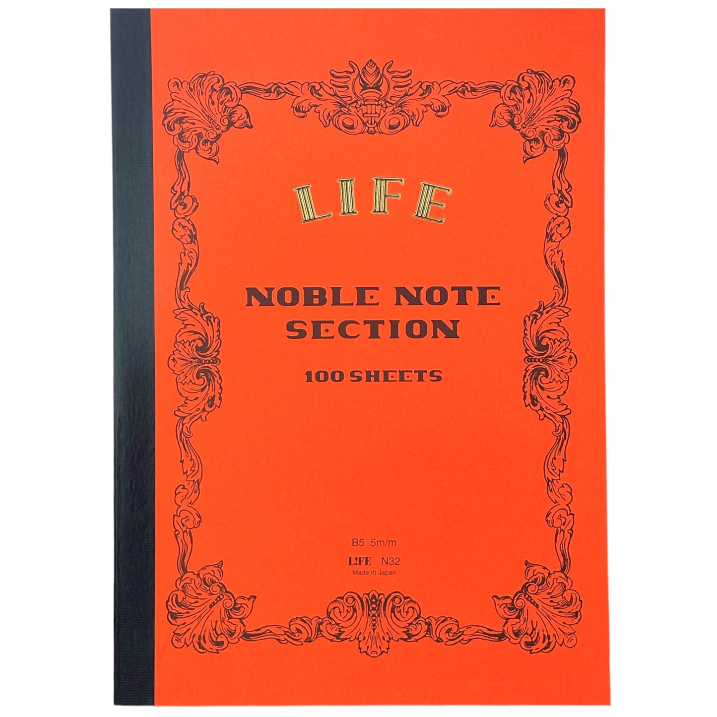 Softcover notebook with grid pages. The cover is plain red with a decorative black border and branding.  Life Noble range by Japanese brand Life