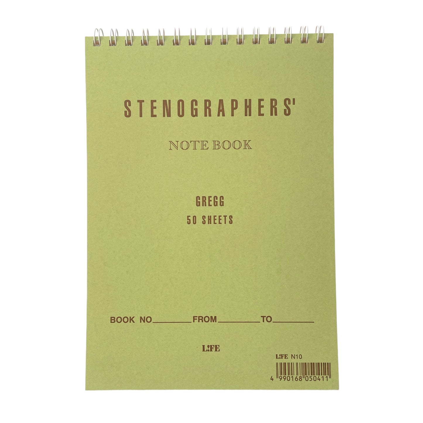 Top ring-bound stenographers' notebook with plain pistachio green cover by Japanese brand Life Japan