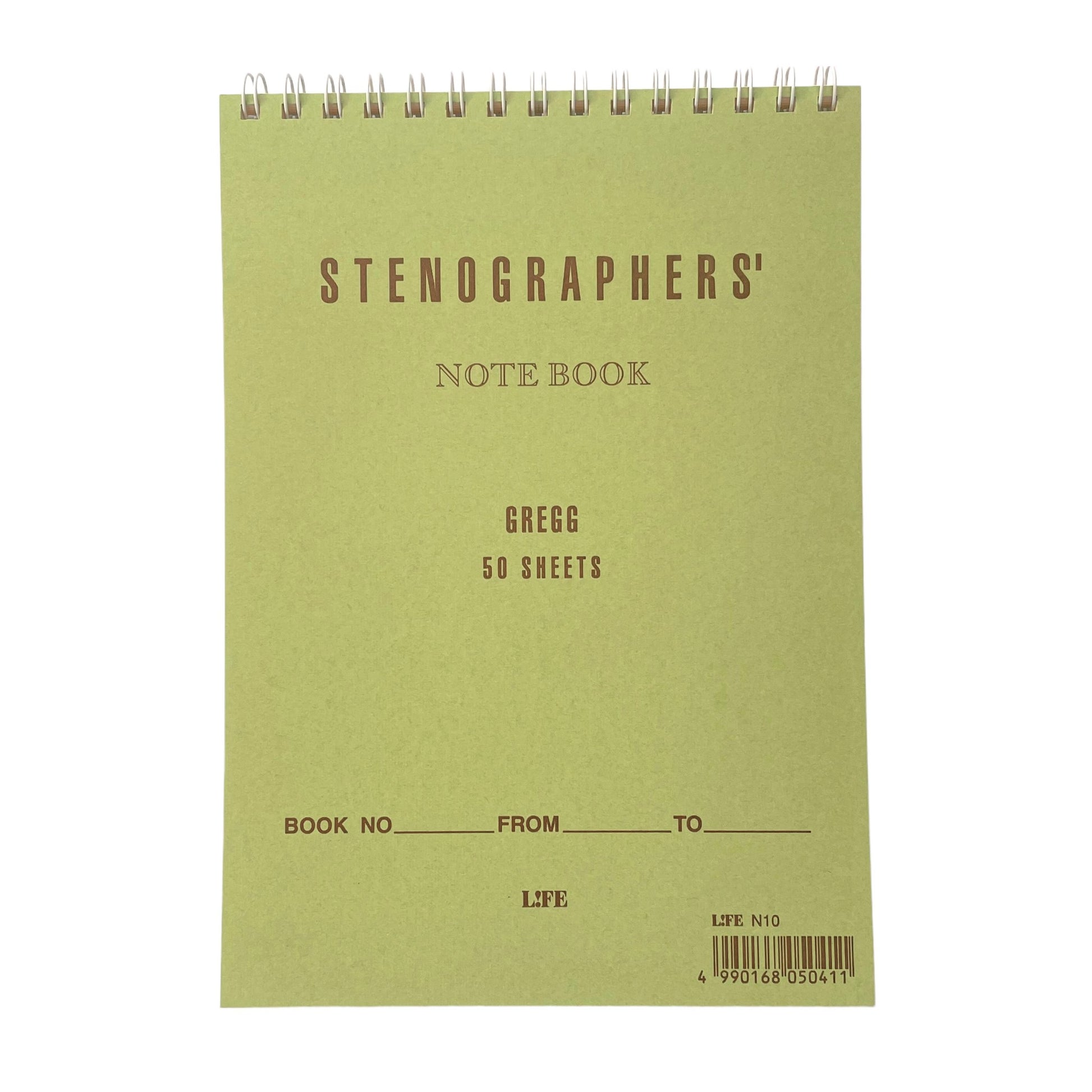 Top ring-bound stenographers' notebook with plain pistachio green cover by Japanese brand Life Japan