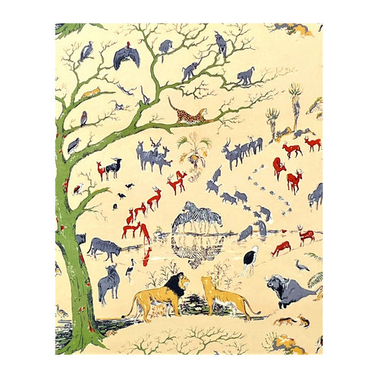 greetings card showing a drawing of kruger national park with lions, zebras, tigers, monkeys and deer