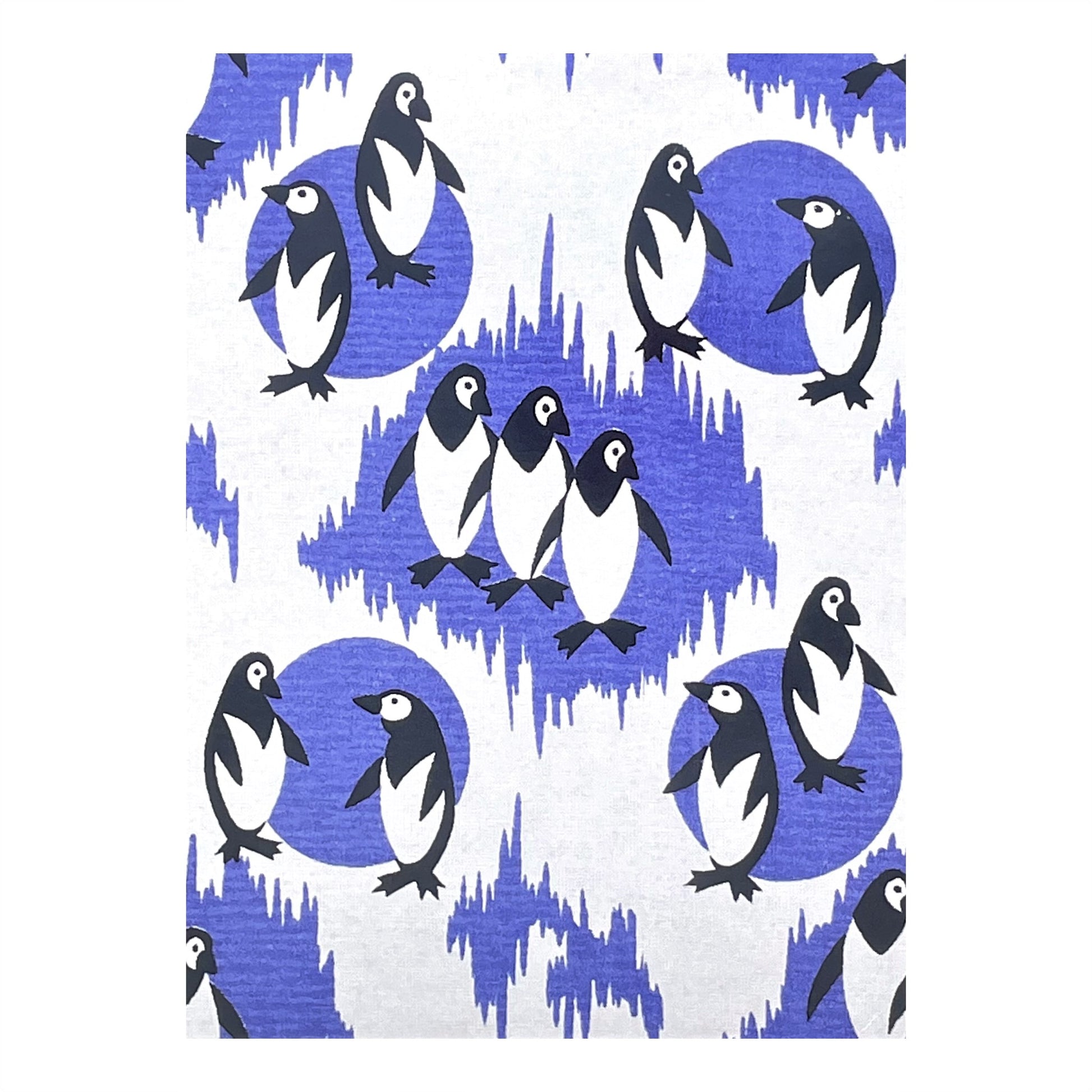 greetings card showing a repeat pattern of black and white penguins with patterned deep lavender backdrop