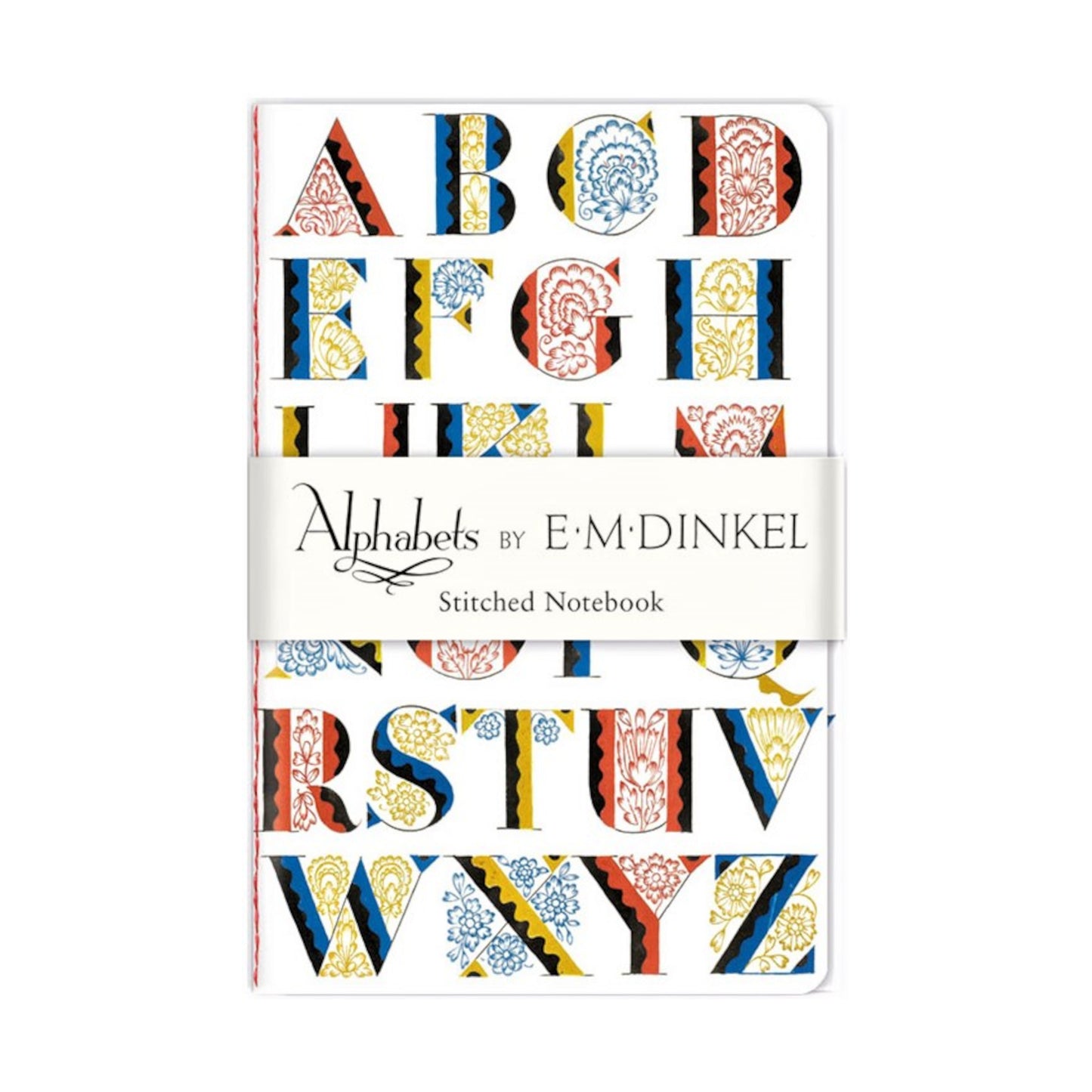 Small stitched notebook with a colourful alphabet cover design in red, blue and yellow on white background