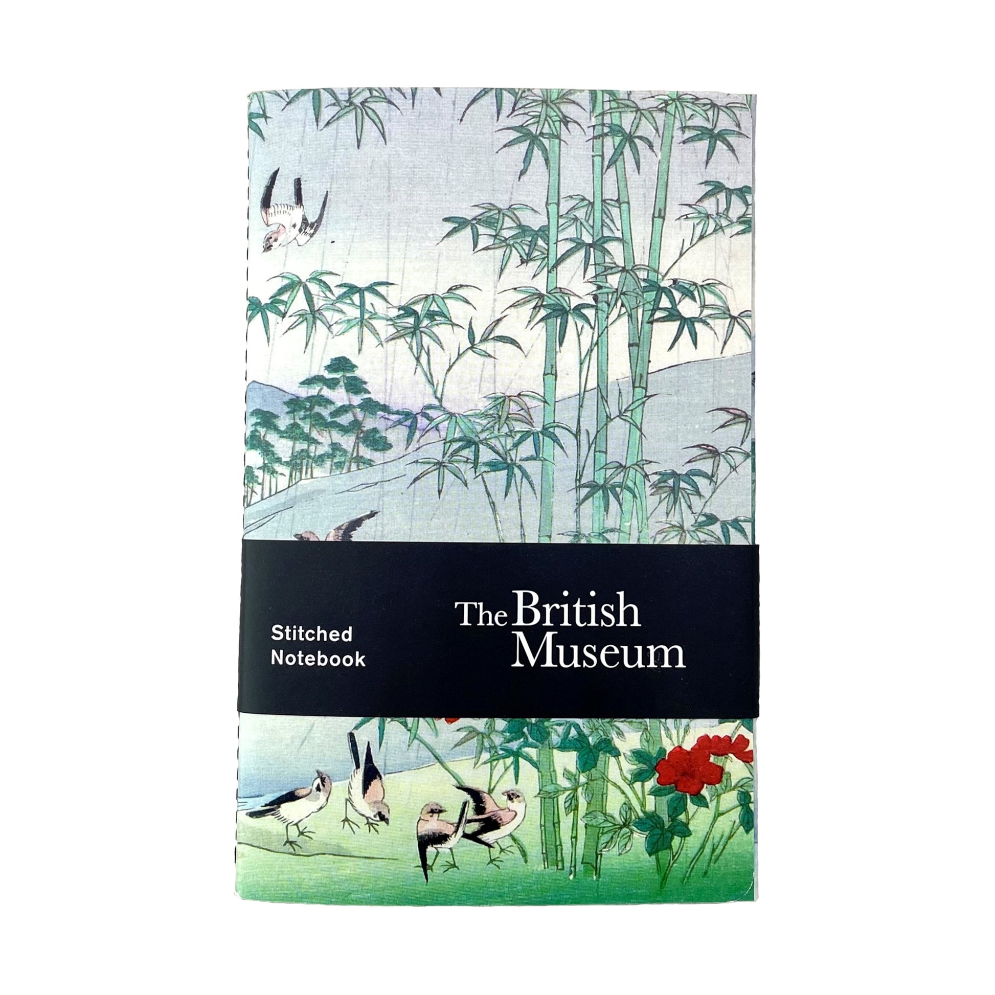Small stitched notebook with a japanese design showing sparrows and bamboo in the rain