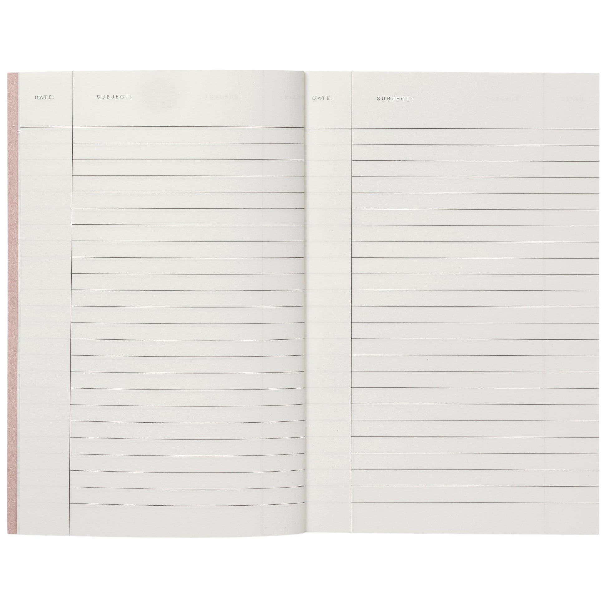 Pocket size notebook with a narrow dark green and white stripe softcover. inner lined pages with margin pictured