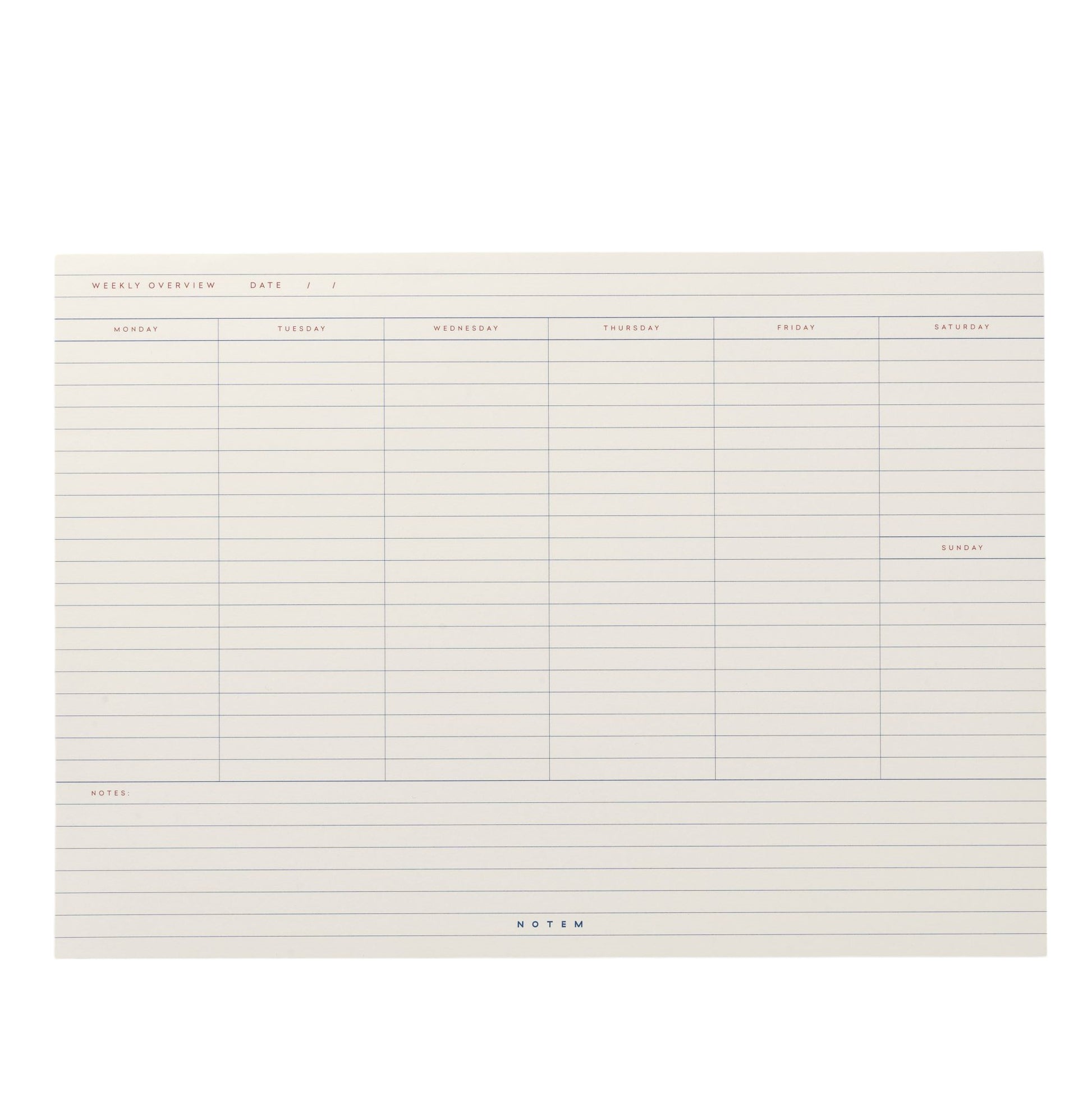 Weekly planner desk pad, ivory sheets with daily lined columns and a space for notes by Notem