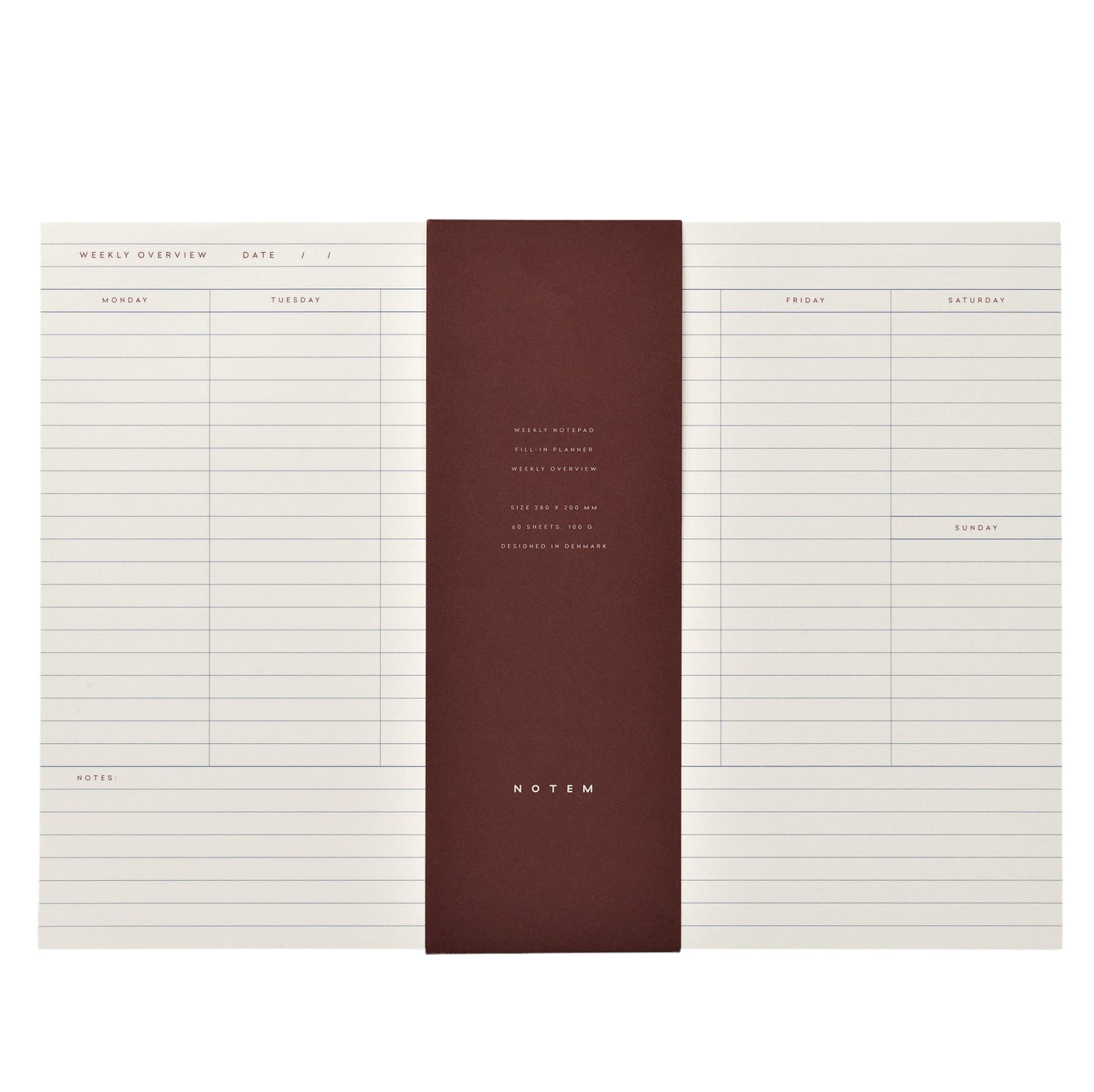 Weekly planner desk pad, ivory sheets with daily lined columns and a space for notes, pictured with burgundy branded belly band