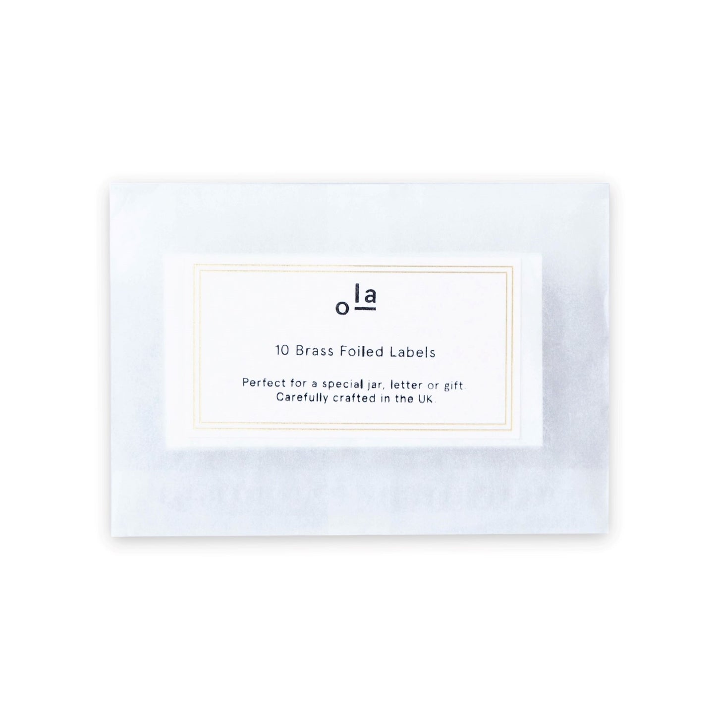 Pack of 10 self-adhesive white labels with double lined gold brass foiled border, by Ola Studio
