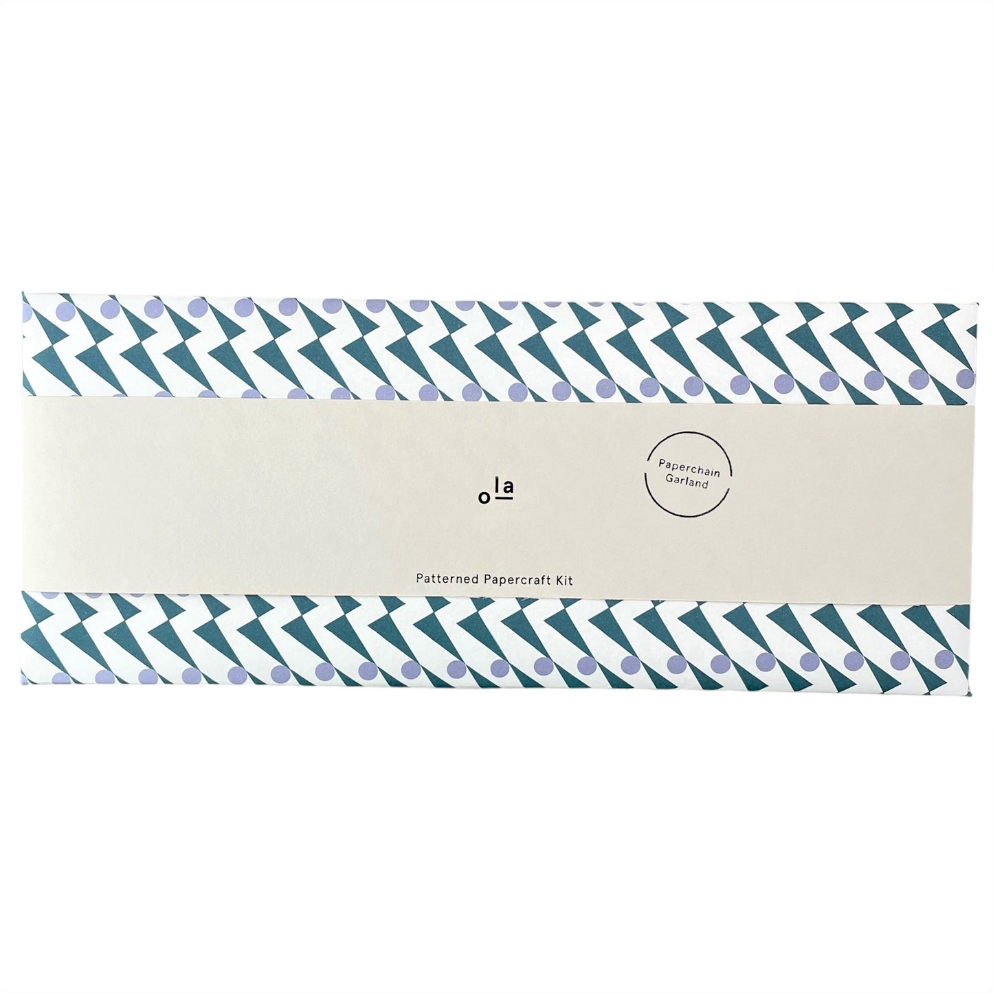 A paperchain of different patterned geometric papers in colours of mustard, orange, aqua and teal, the front of the outer patterned envelope packaging with branded belly band