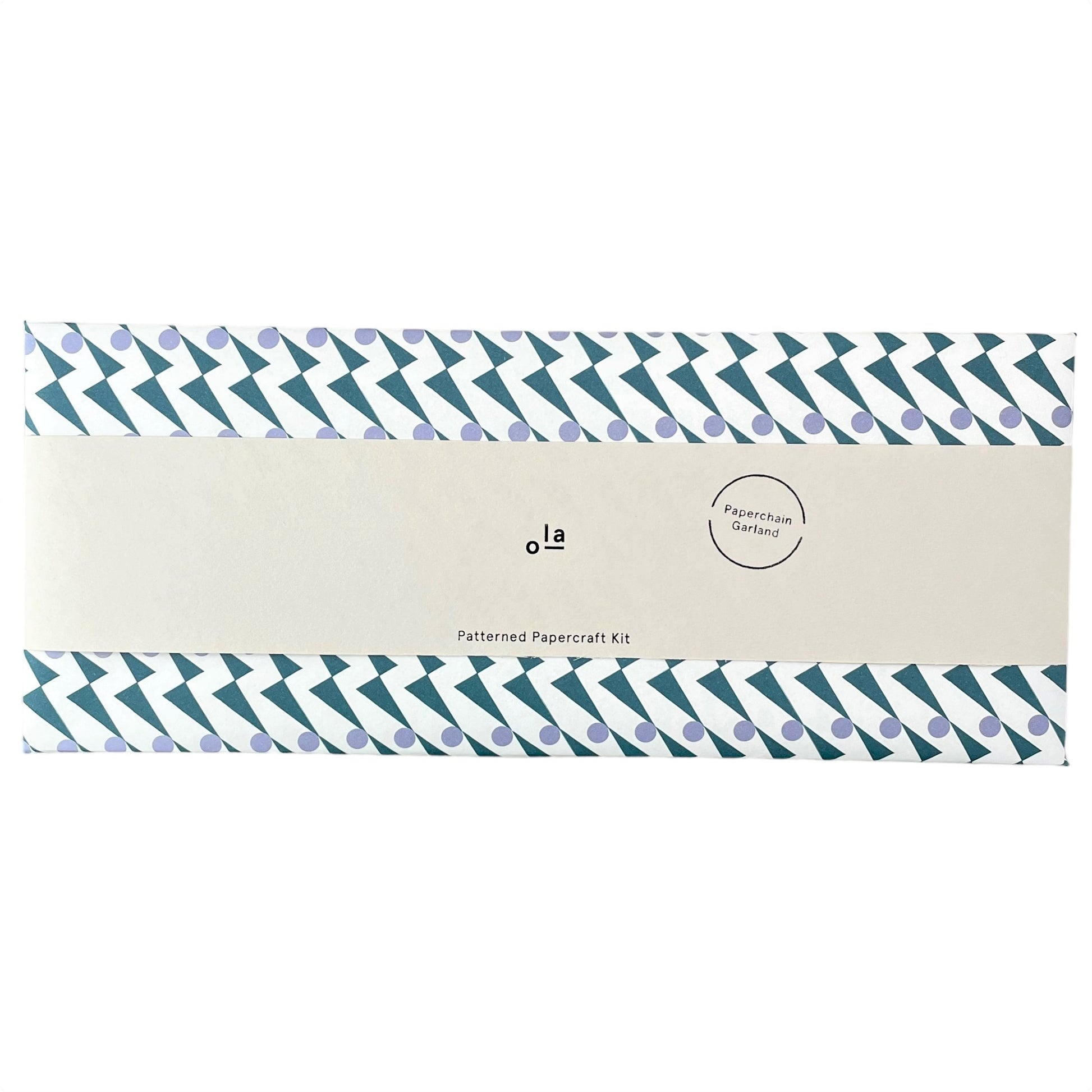 A paperchain of different patterned geometric papers in colours of mustard, orange, aqua and teal, the front of the outer patterned envelope packaging with branded belly band