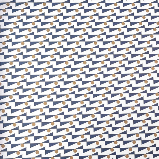 wrapping paper with abstract triangle and dot pattern in navy and gold on a white background by Ola Studio