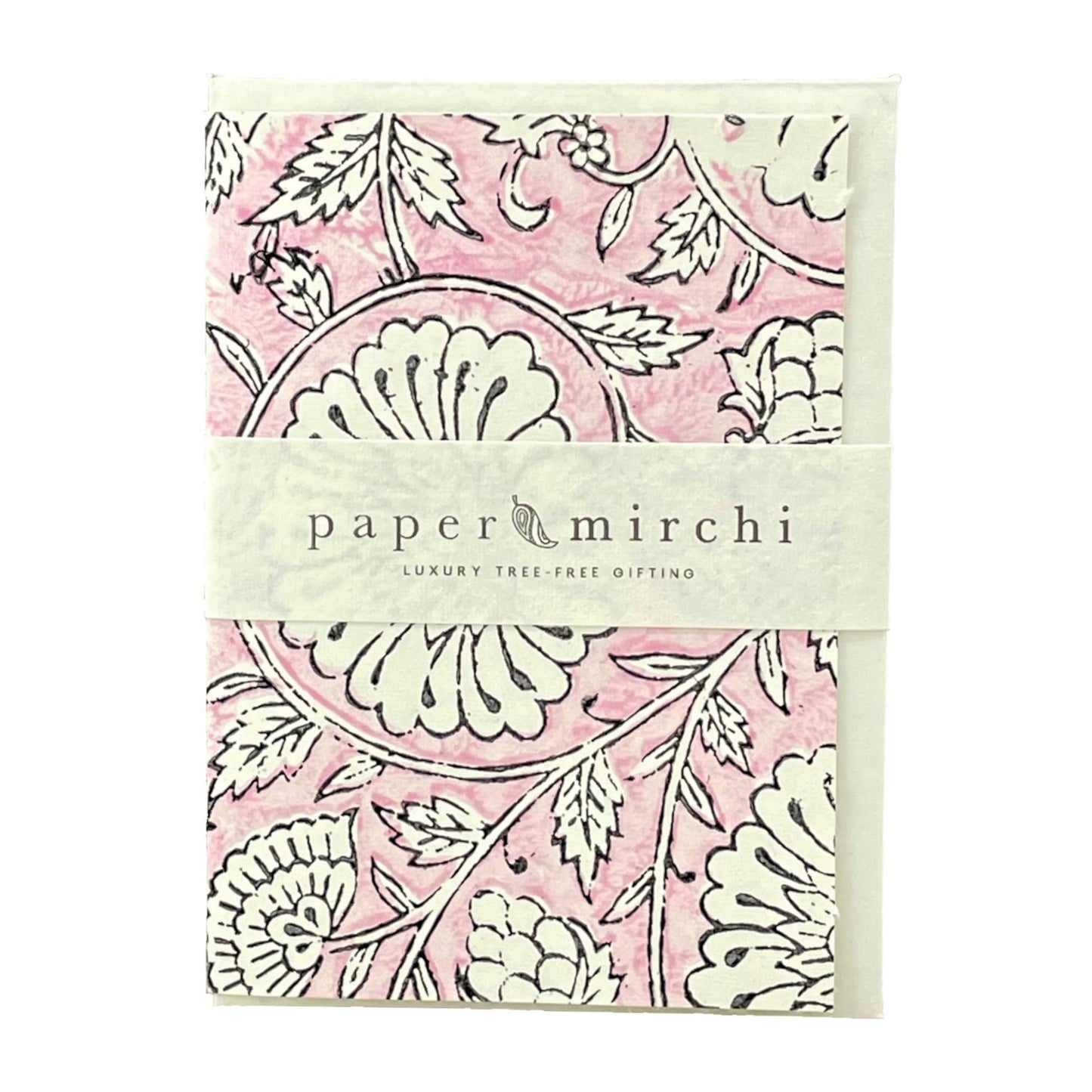 Hand block printed greetings card with repeat floral pattern in pink and cream, by Paper Mirchi