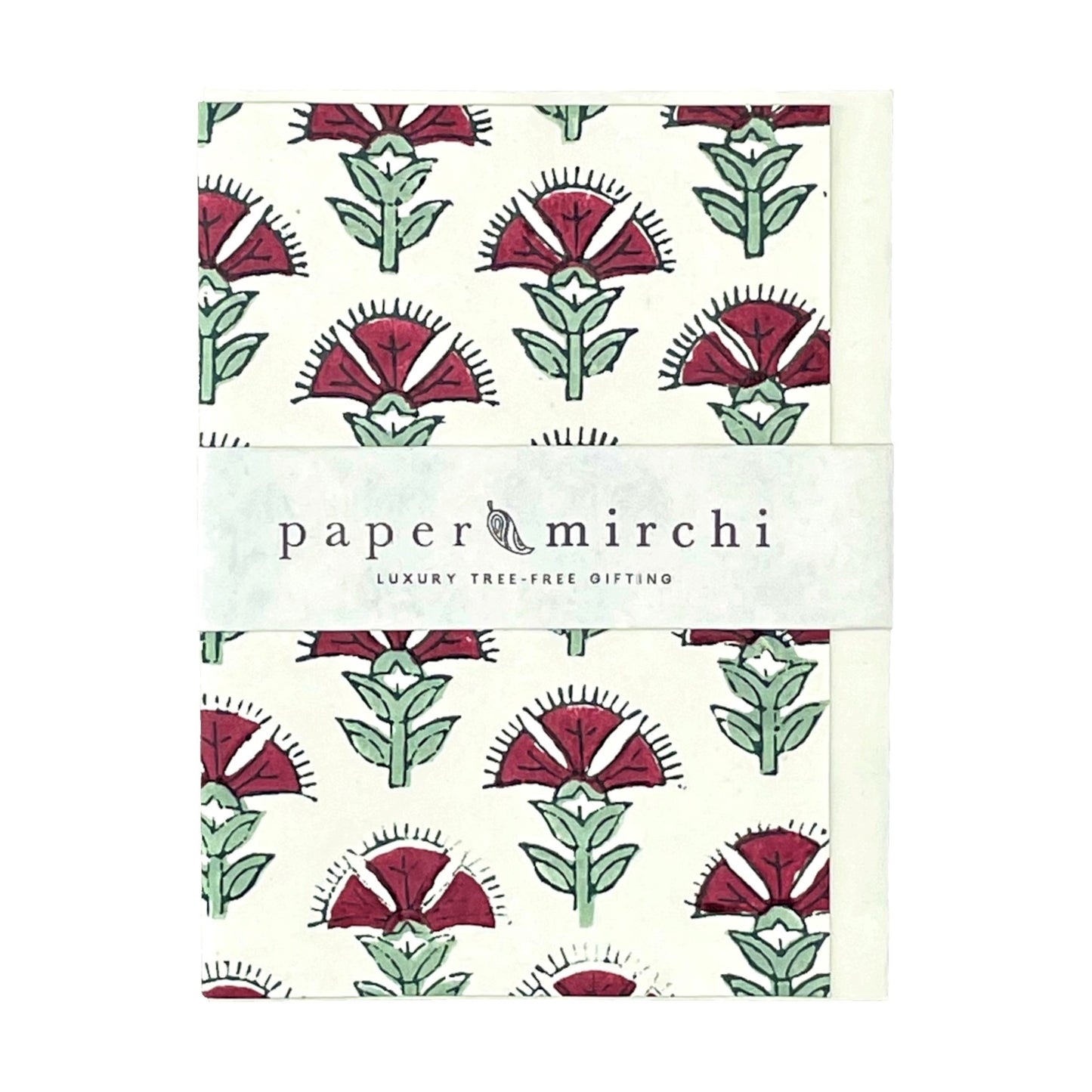hand block printed greetings card with repeat floral thistle pattern in dark pink and green, by paper mirchi