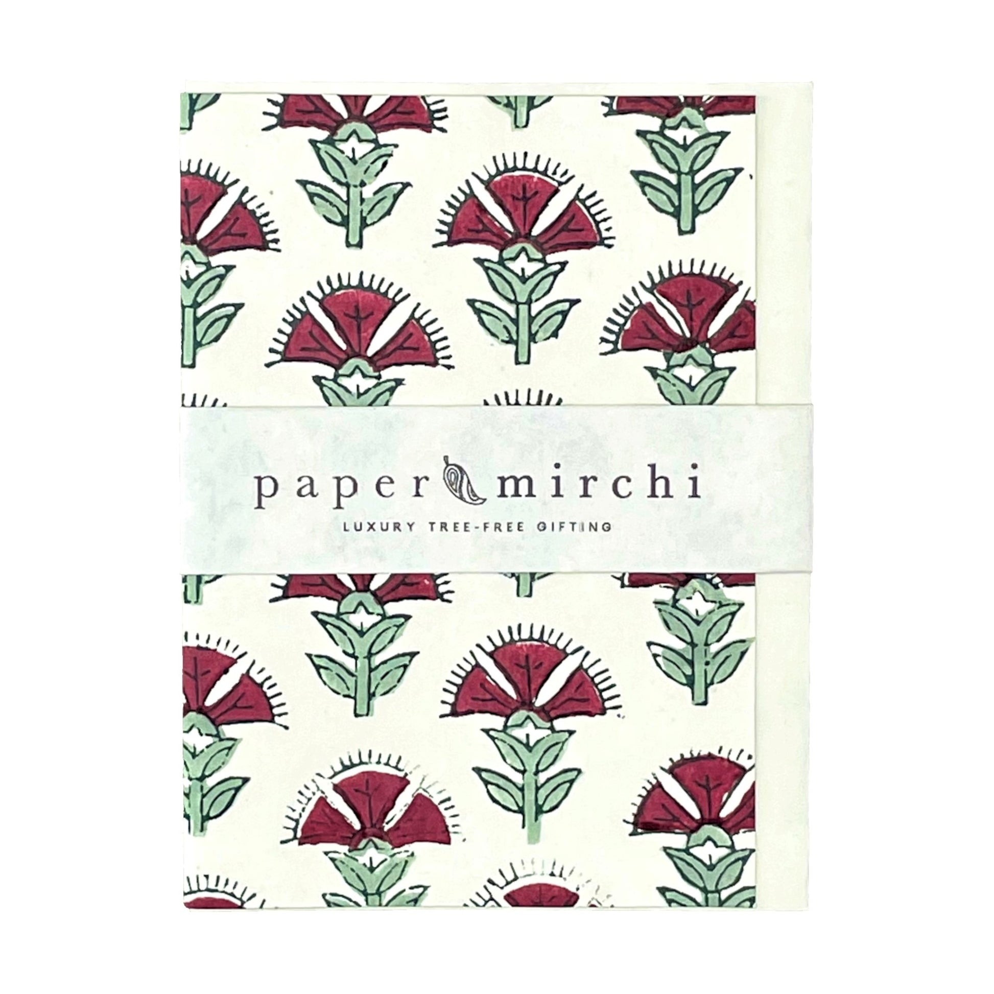 hand block printed greetings card with repeat floral thistle pattern in dark pink and green, by paper mirchi