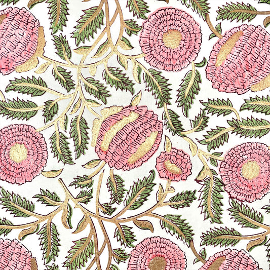 wrapping paper with repeat botanical pattern in pink, gold and green by Paper Mirchi