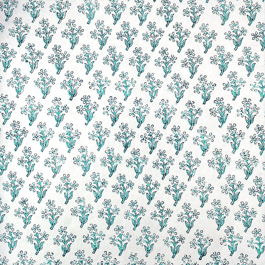 wrapping paper with repeat block print little floral pattern in aqua by Paper Mirchi