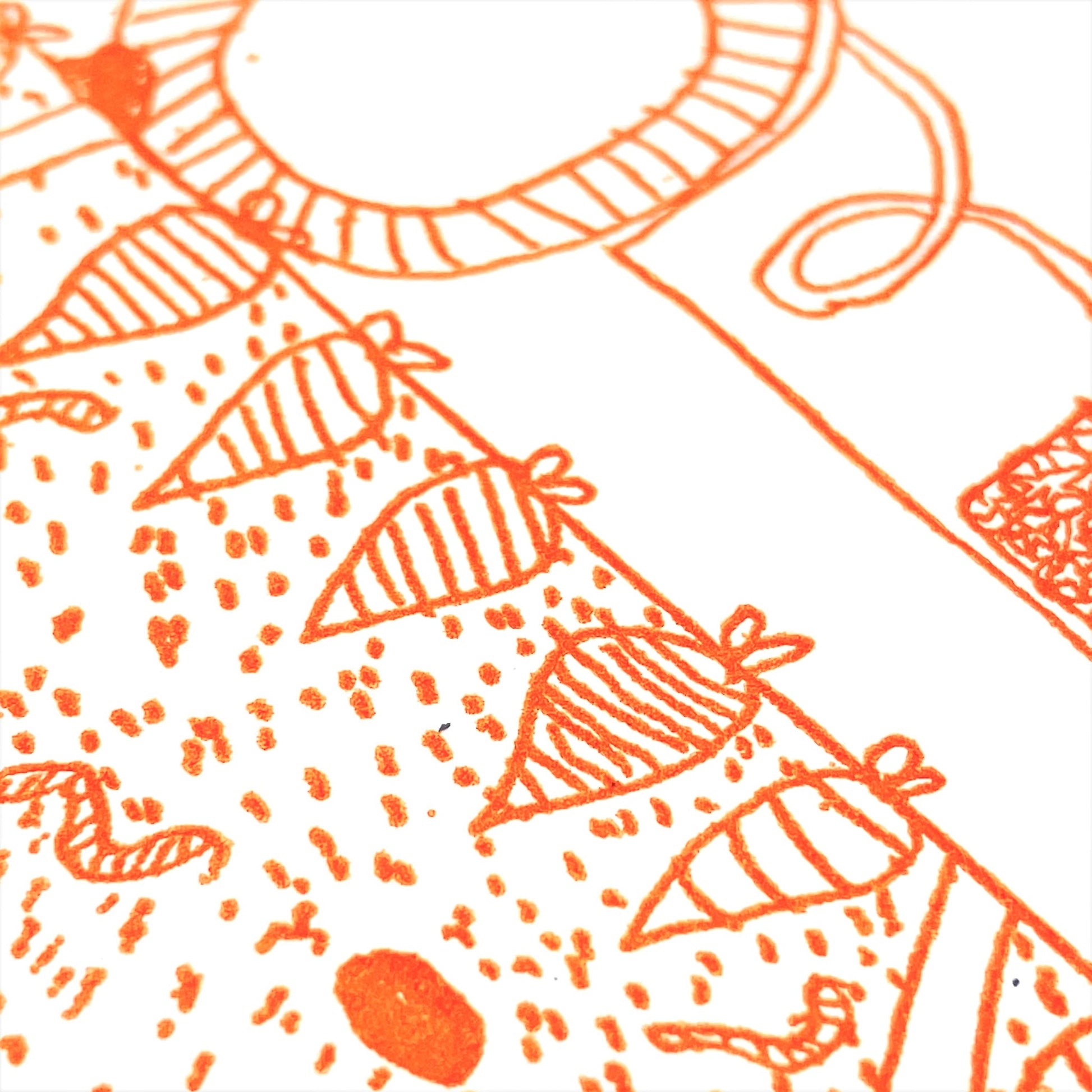 letterpress greetings card of a drawing of a tractor and what is living in the ground beneath, orange ink on white, close-up