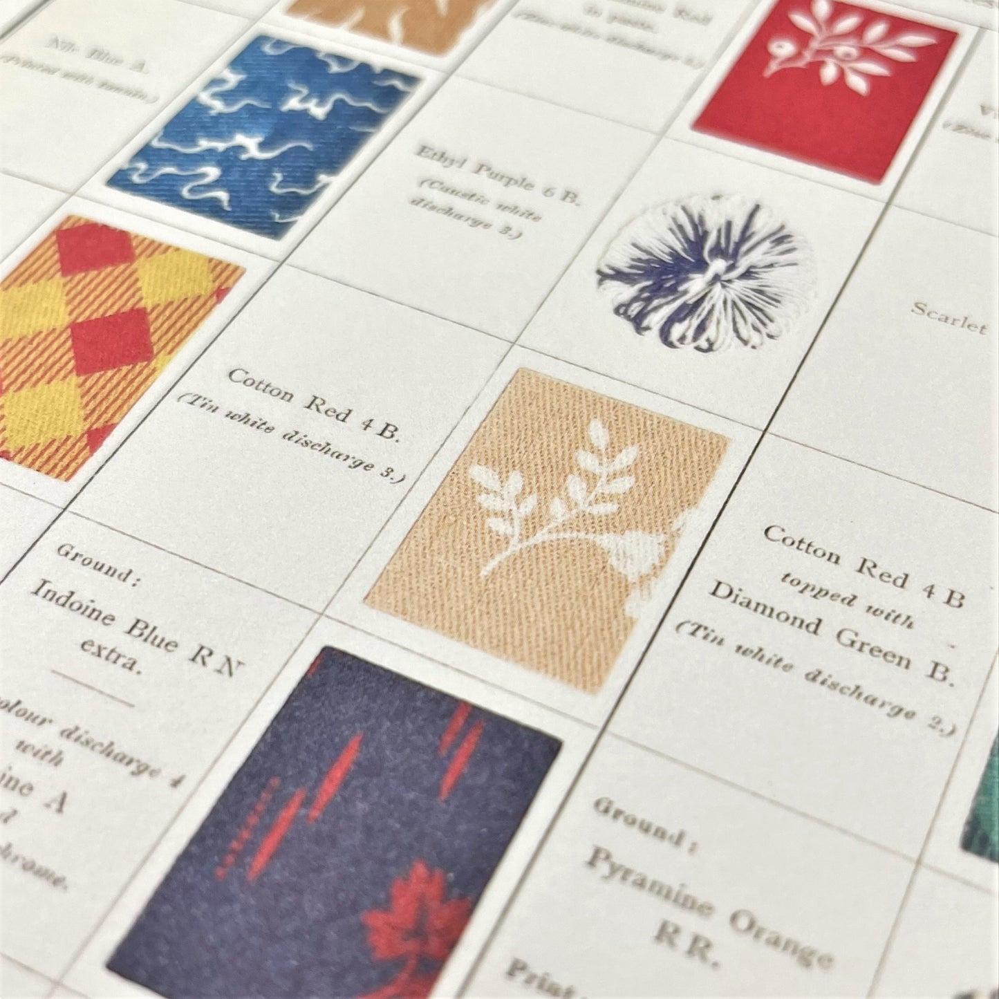 greetings card with index of patterns made from cotton, silk and wool, close-up