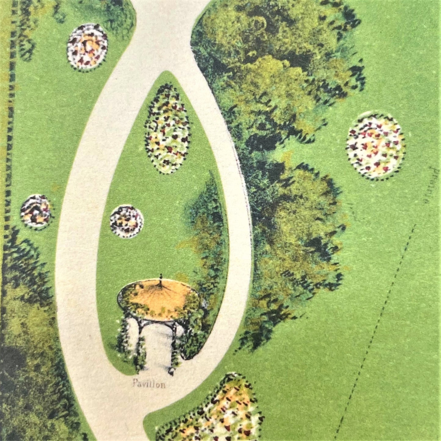 greetings card with plan view of english formal landscape garden and house, close-up