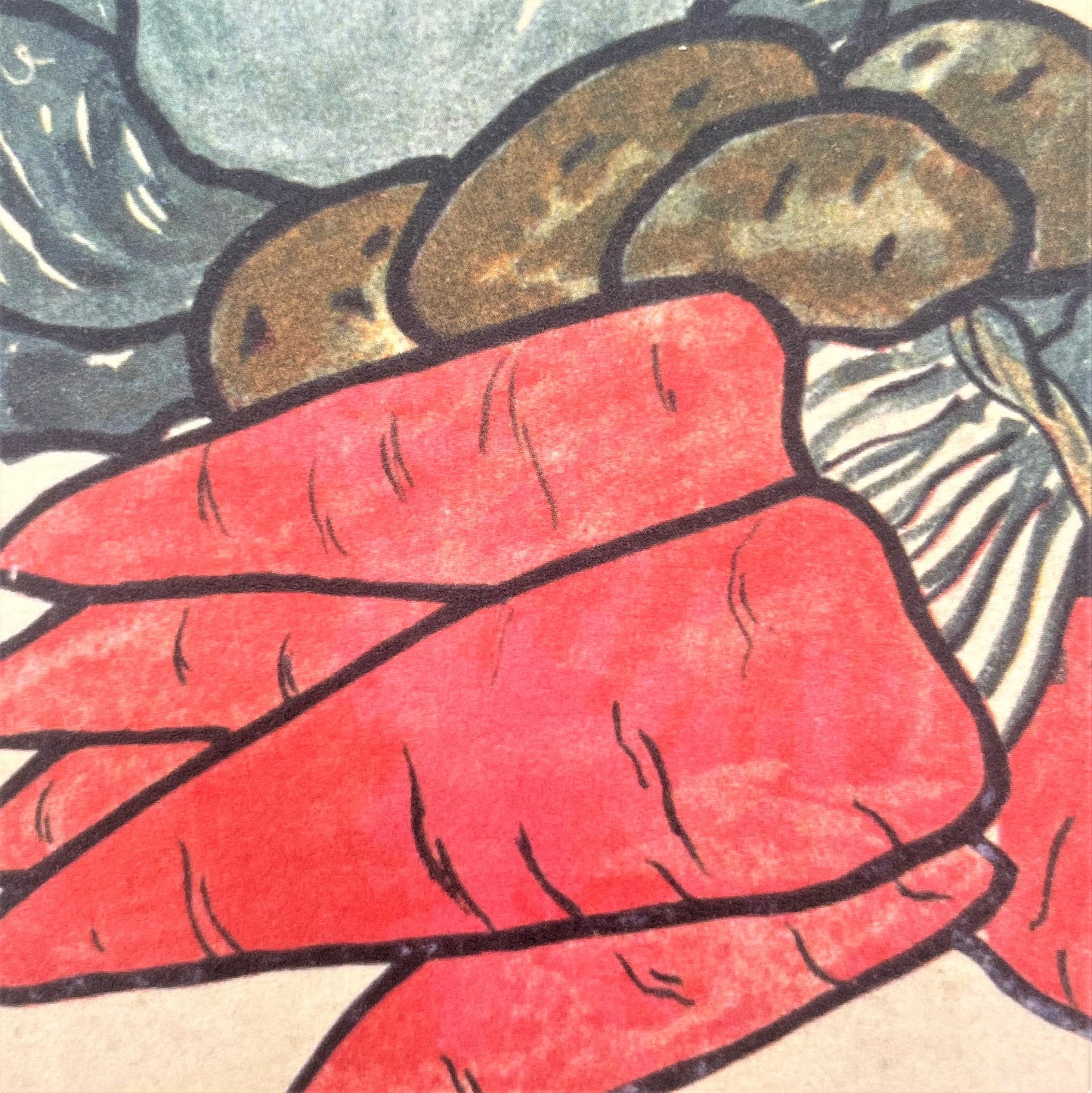 greetings card with drawing of carrots, cabbage and potatoes, close-up